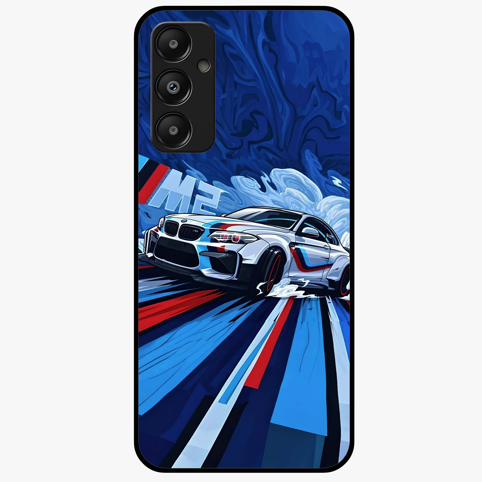 Drift Power Rush Glass Case showing flat back view with dynamic racing inspired artwork and glossy glass finish.