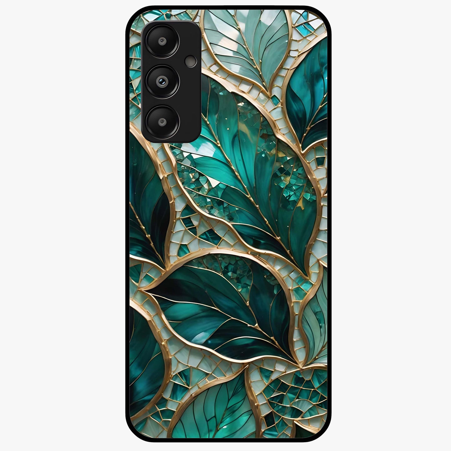 Emerald Leaf Glass Glass Case showing flat back view with emerald green leaf artwork and glossy glass finish.