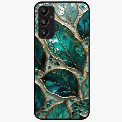 Emerald Leaf Glass Glass Case showing flat back view with emerald green leaf artwork and glossy glass finish.
