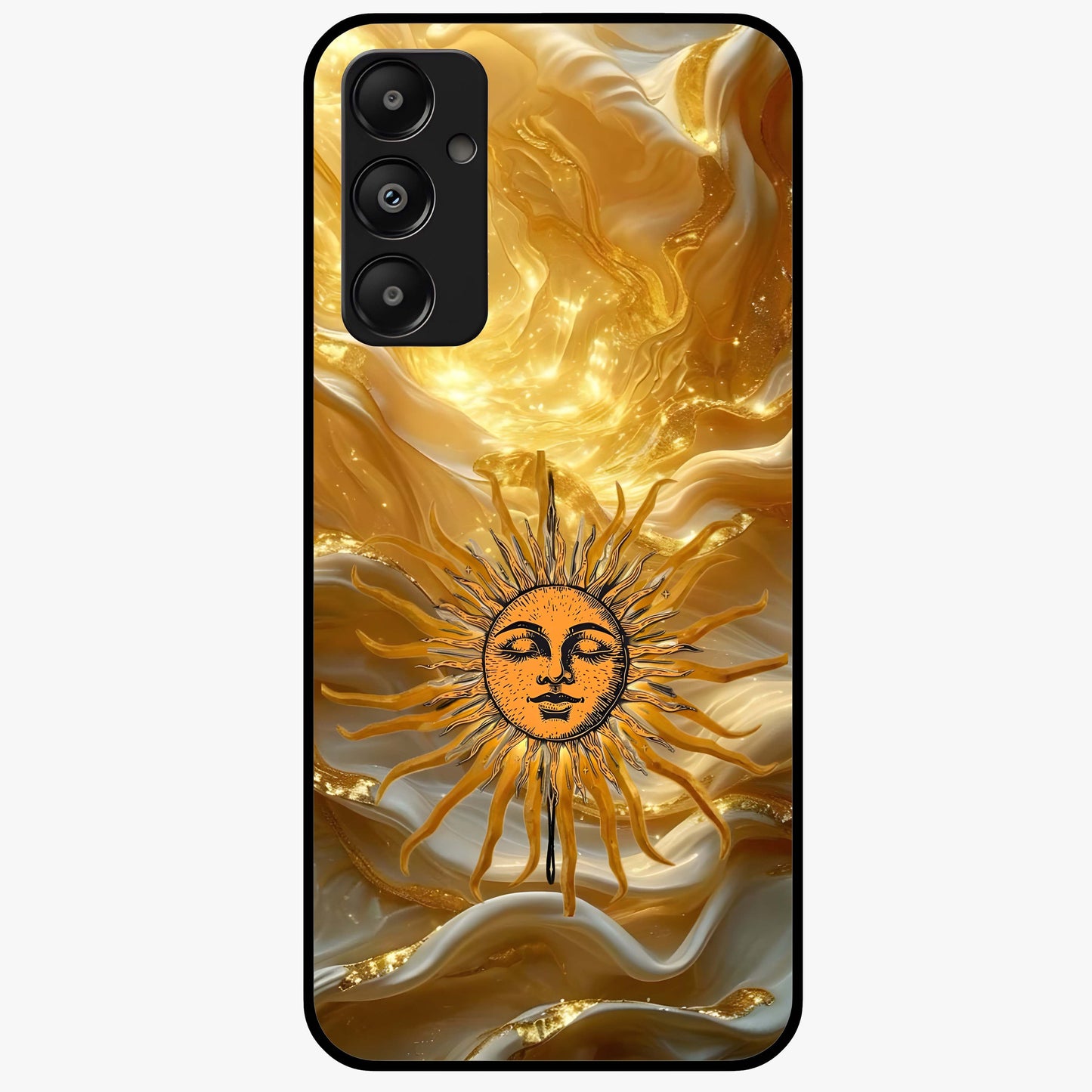 Eternal Golden Glow Glass Case showing flat back view with radiant golden themed artwork and glossy glass finish.