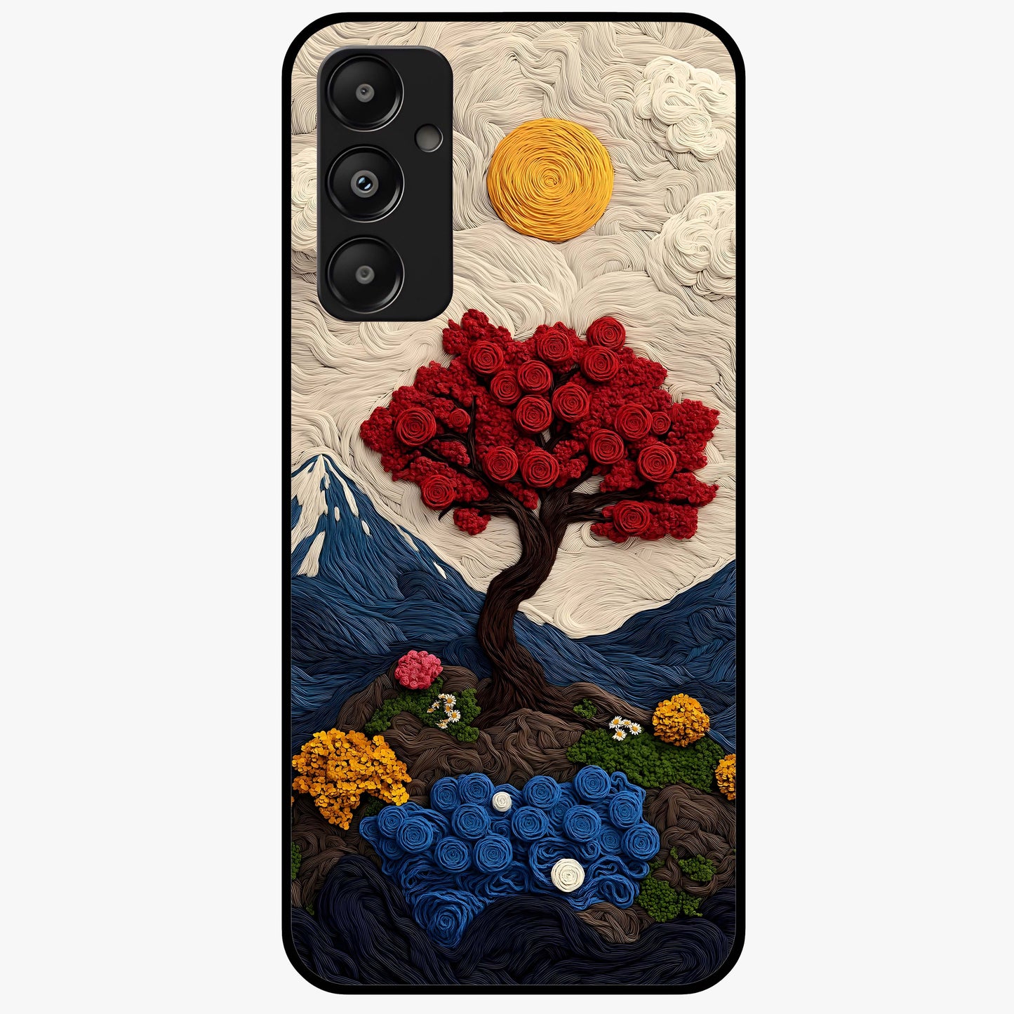 Eternal Nature Tapestry Glass Case showing flat back view with intricate nature tapestry artwork and glossy glass finish.