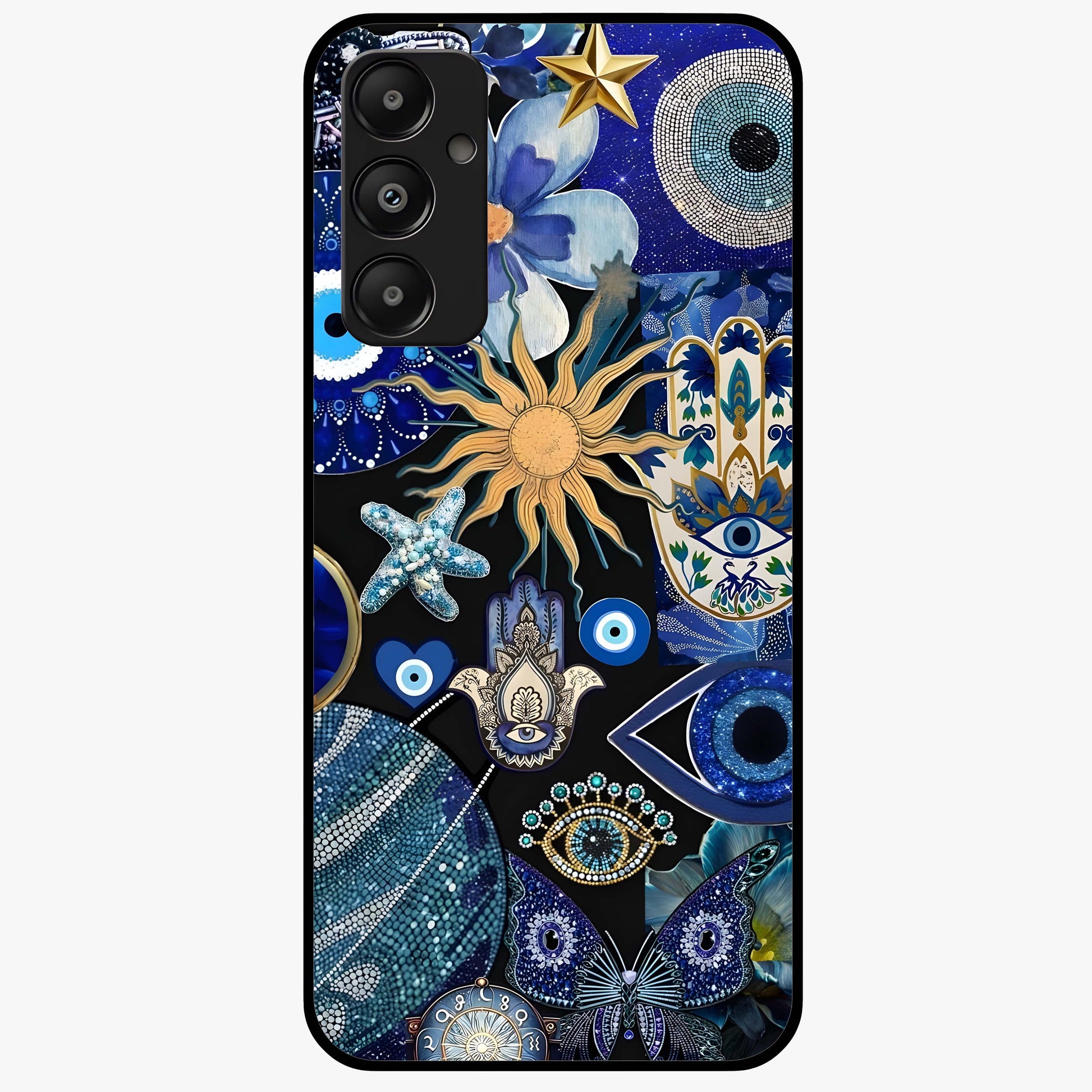 Evil Eye Charm Mix Glass Case showing flat back view with multiple evil eye charms artwork and glossy glass finish.