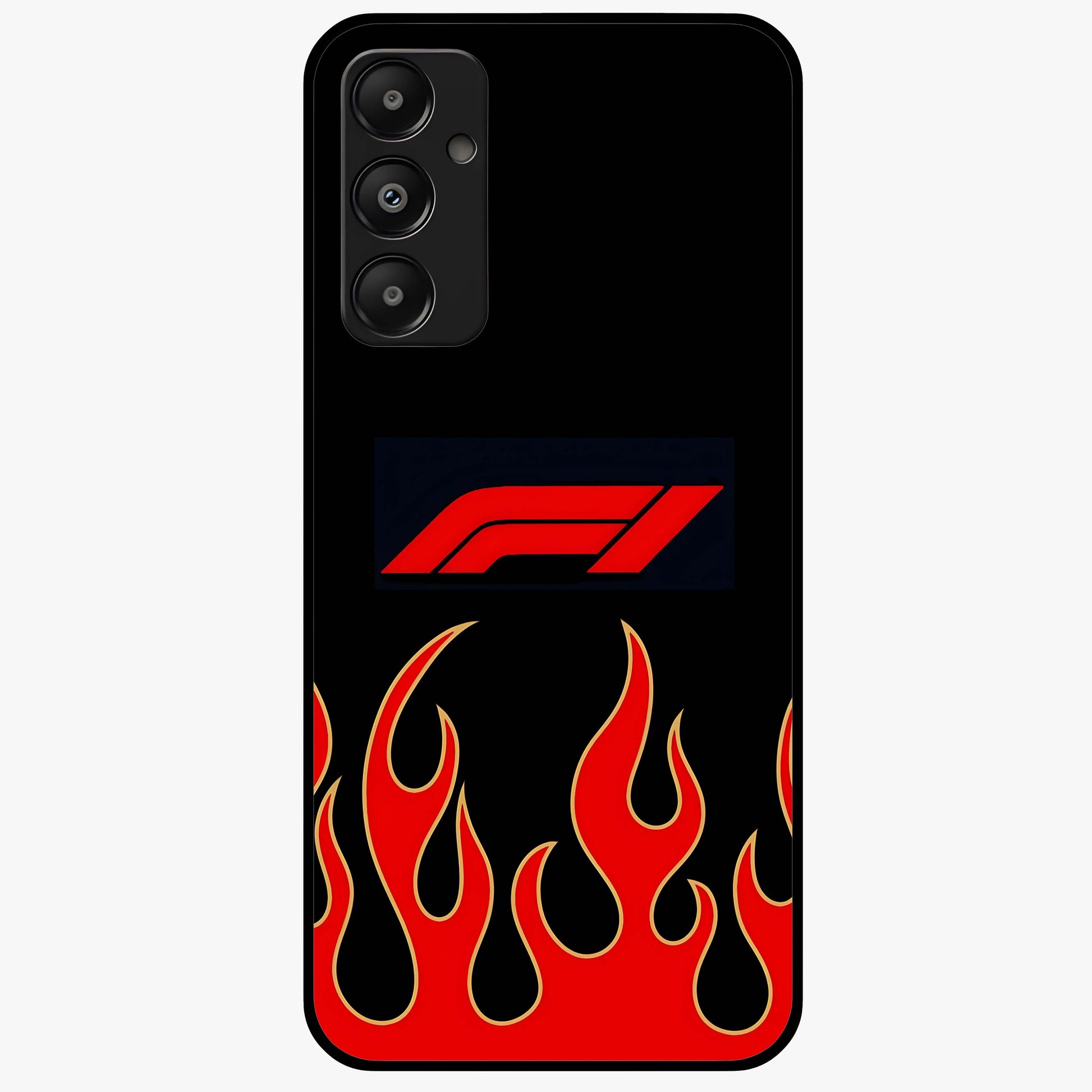Fire F11 Glass Case showing flat back view with fiery themed artwork and glossy glass finish.