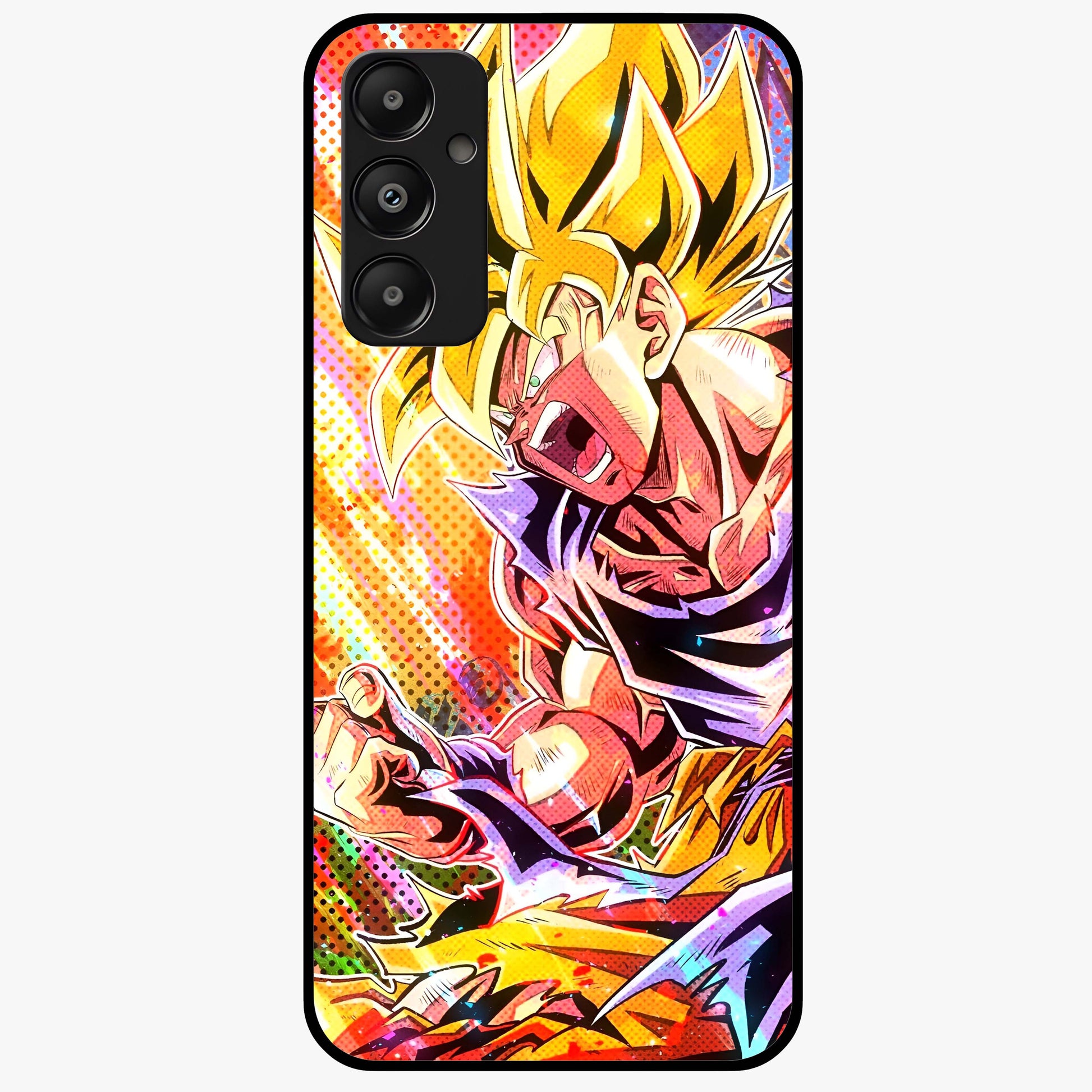 Firing Goku Glass Case showing flat back view with powerful anime inspired artwork and glossy glass finish.