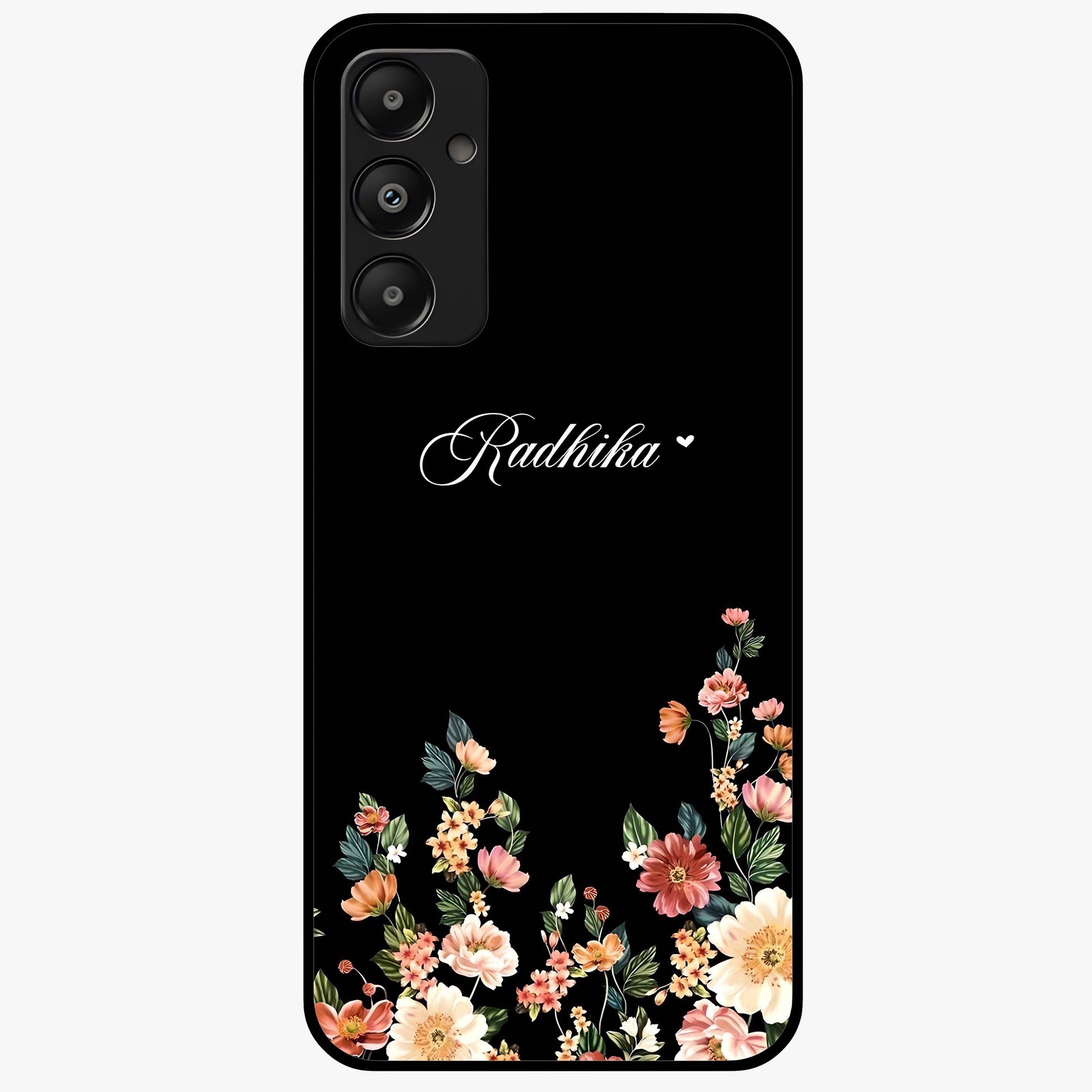 Floral Design With a Custom Personalized Name Glass Case showing flat back view with floral artwork and personalized name design.