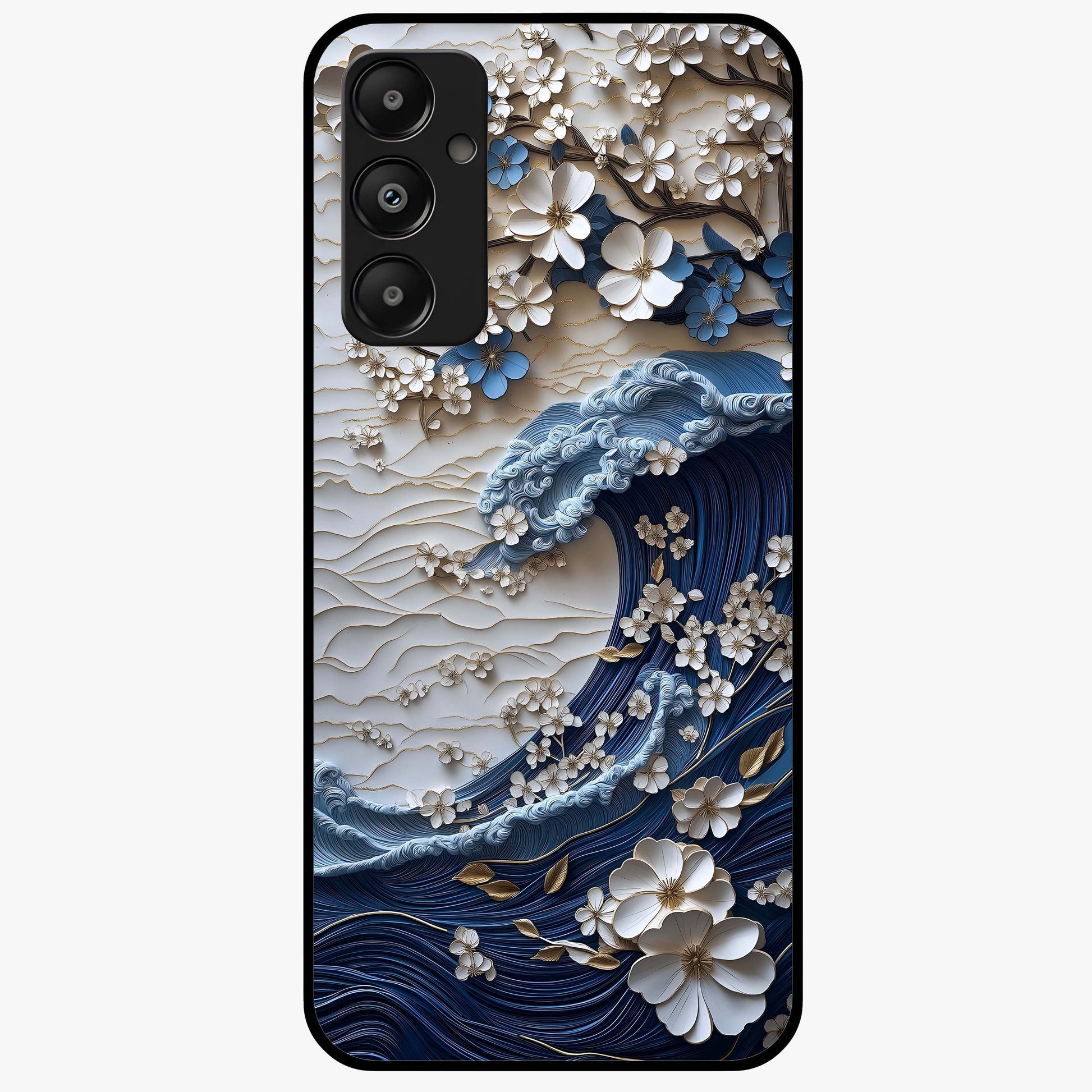 Floral Wave Origami Glass Case showing flat back view with origami inspired floral wave artwork and glossy glass finish.