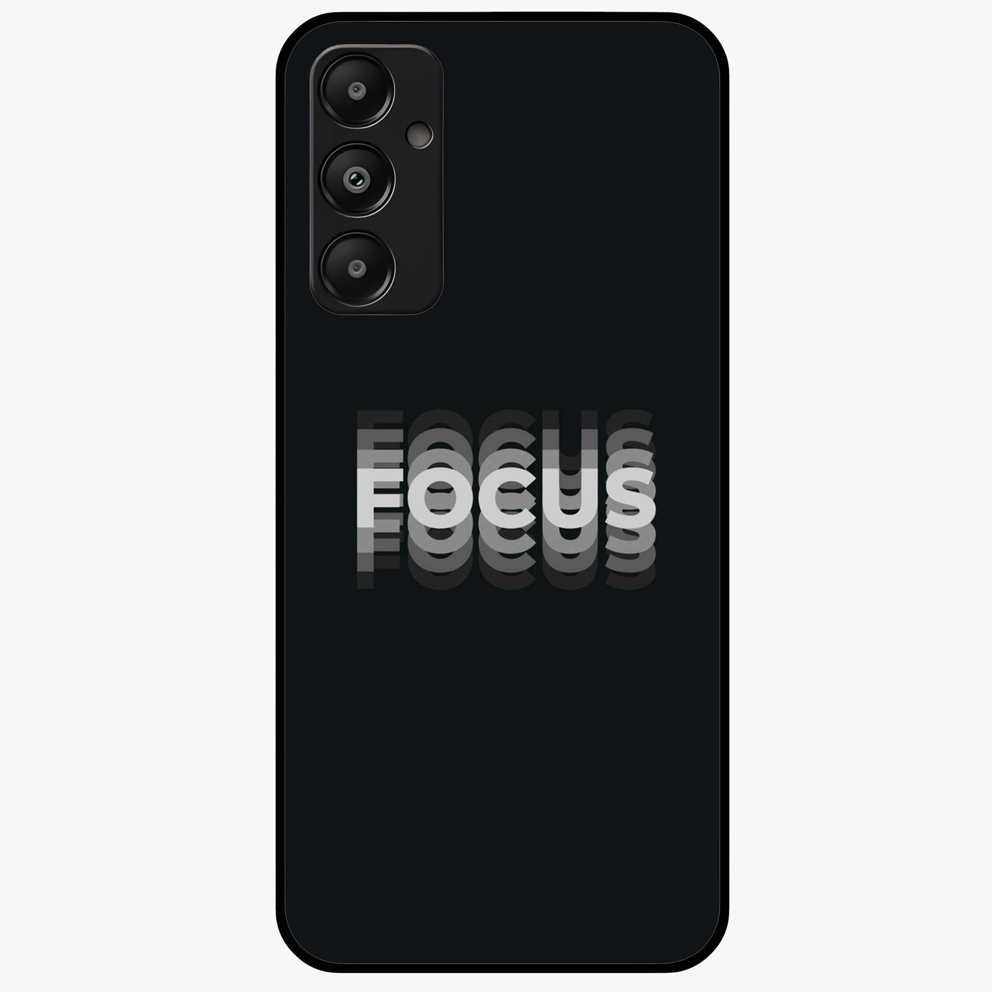 Focus Mode On Glass Case showing flat back view with bold motivational typography design and glossy glass finish.