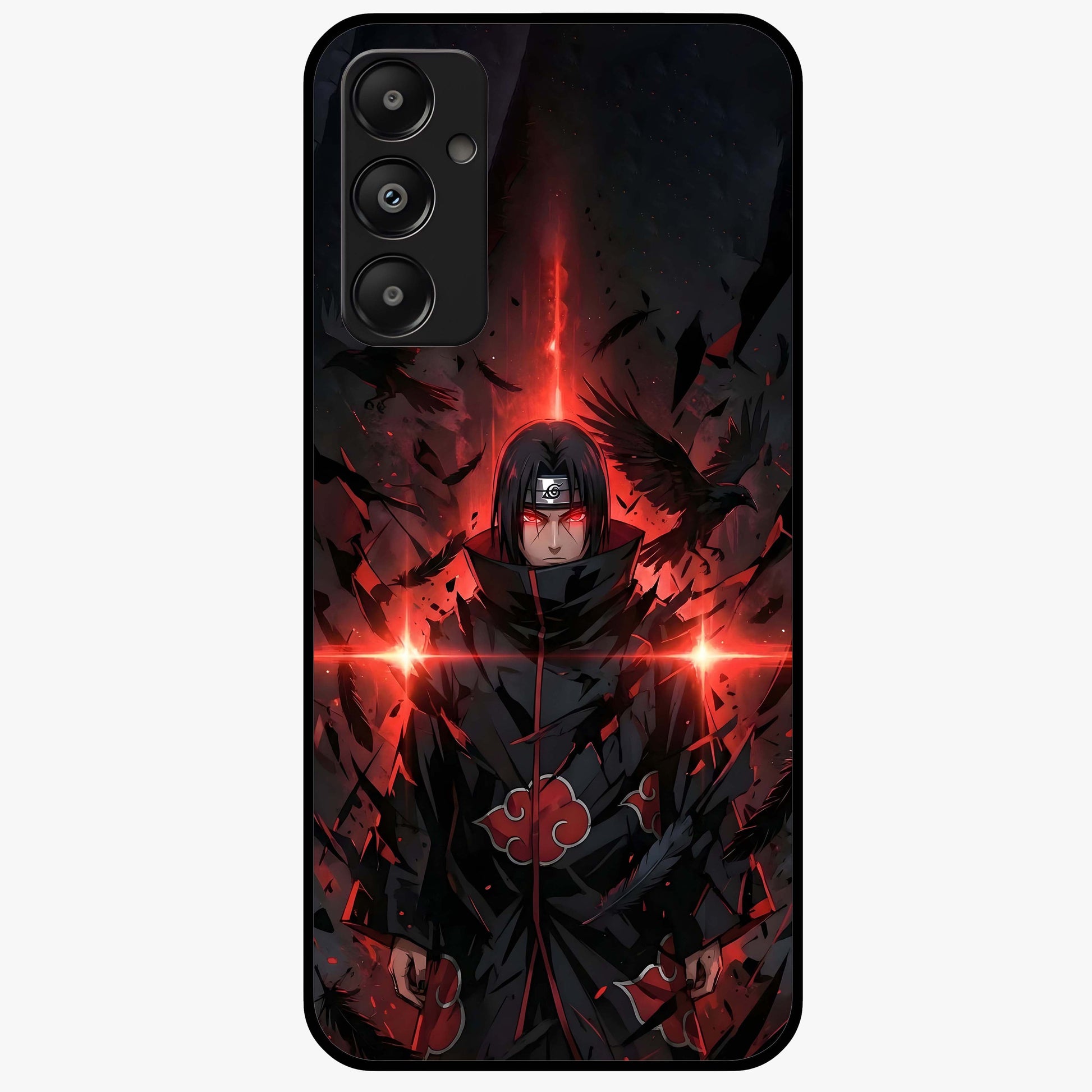 Focused Blade Discipline Glass Case showing flat back view with warrior sword themed artwork and glossy glass finish.