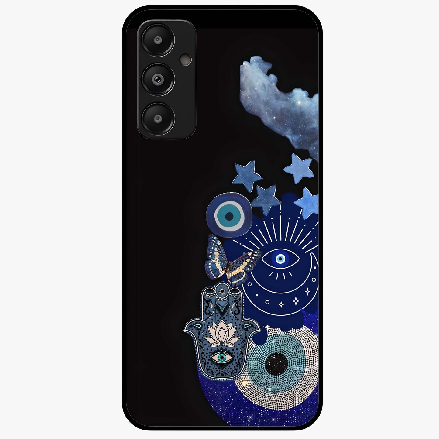 Galactic Charm Cluster Glass Case showing flat back view with glowing celestial charm artwork and glossy glass finish.