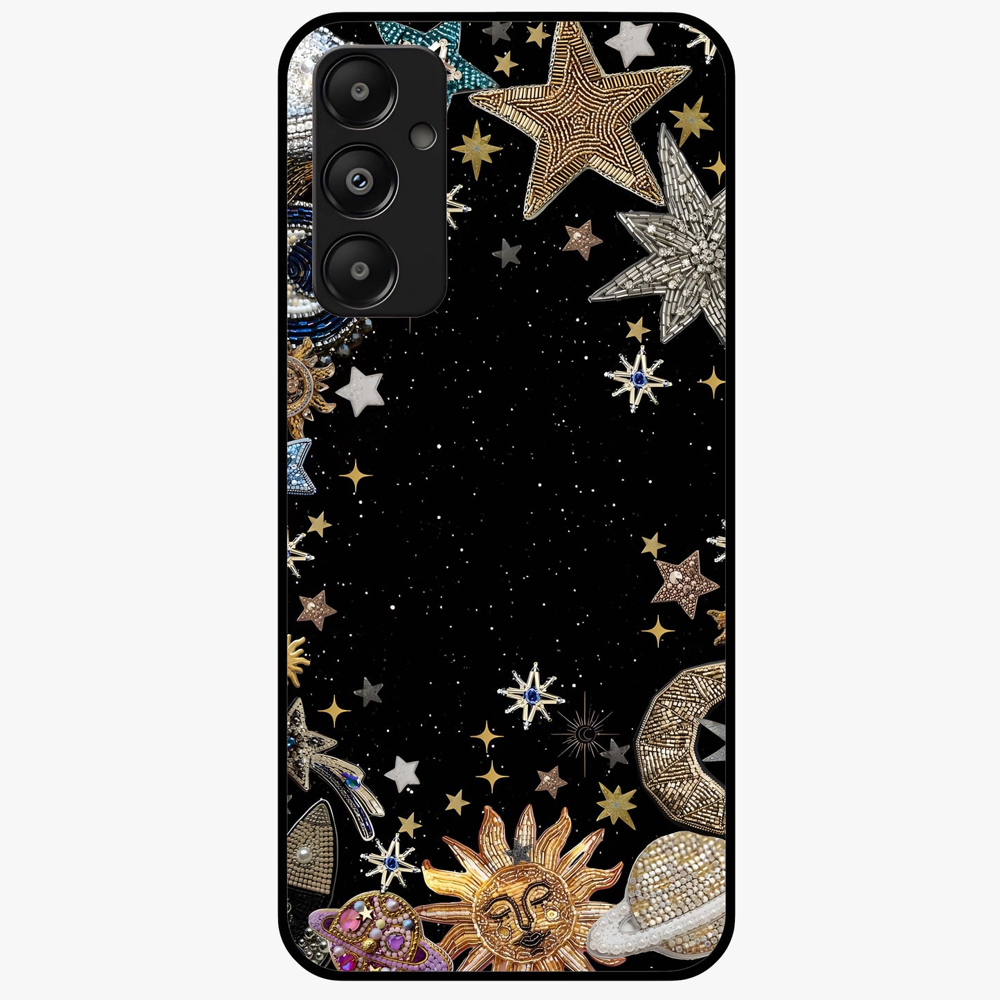 Galactic Jewel Stars Glass Case showing flat back view with sparkling star jewel artwork and glossy glass finish.