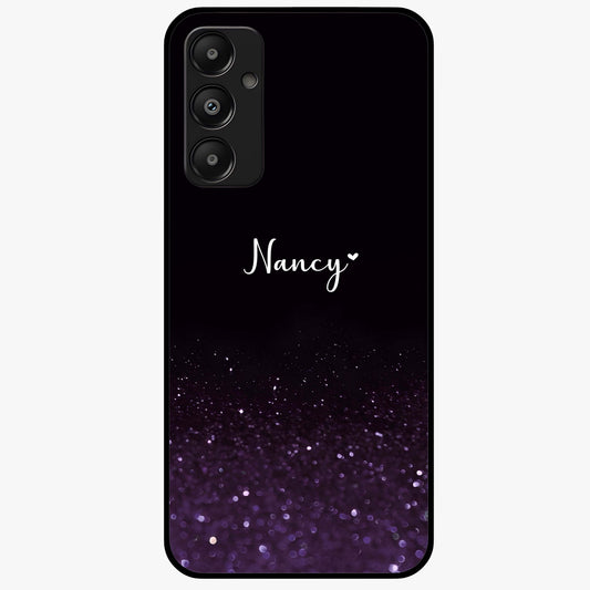Glittery Purple Bokeh Custom Name Glass Case showing flat back view with purple bokeh sparkle artwork and personalized name design.