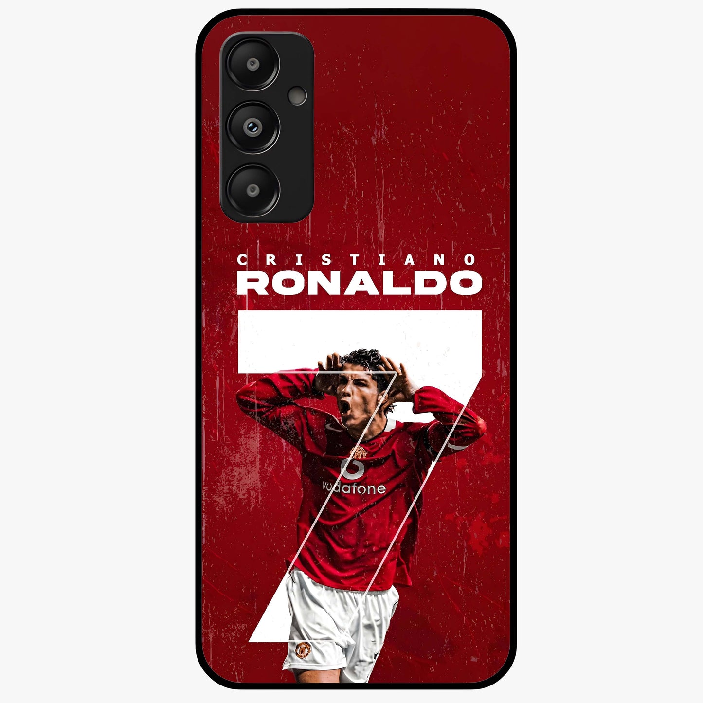 Goal Celebration Legacy Glass Case showing flat back view with football celebration inspired artwork and glossy glass finish.