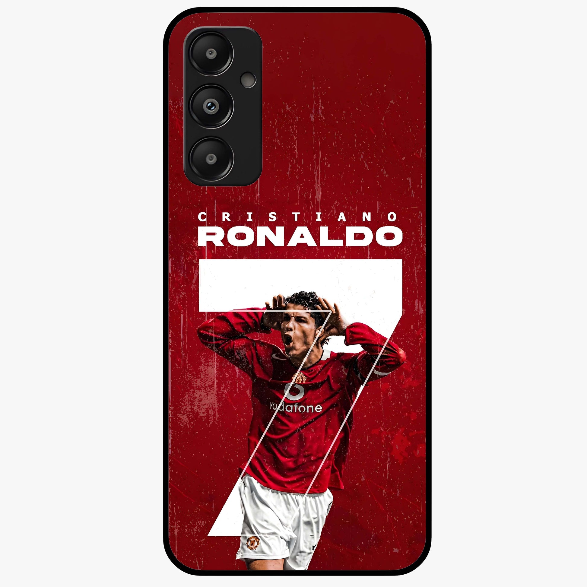 Goal Celebration Legacy Glass Case showing flat back view with football celebration inspired artwork and glossy glass finish.