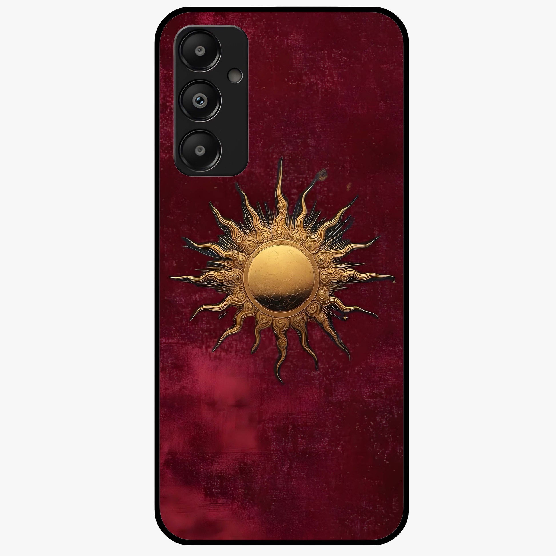 Gold Sun Blush Glass Case showing flat back view with golden sun inspired artwork and glossy glass finish.