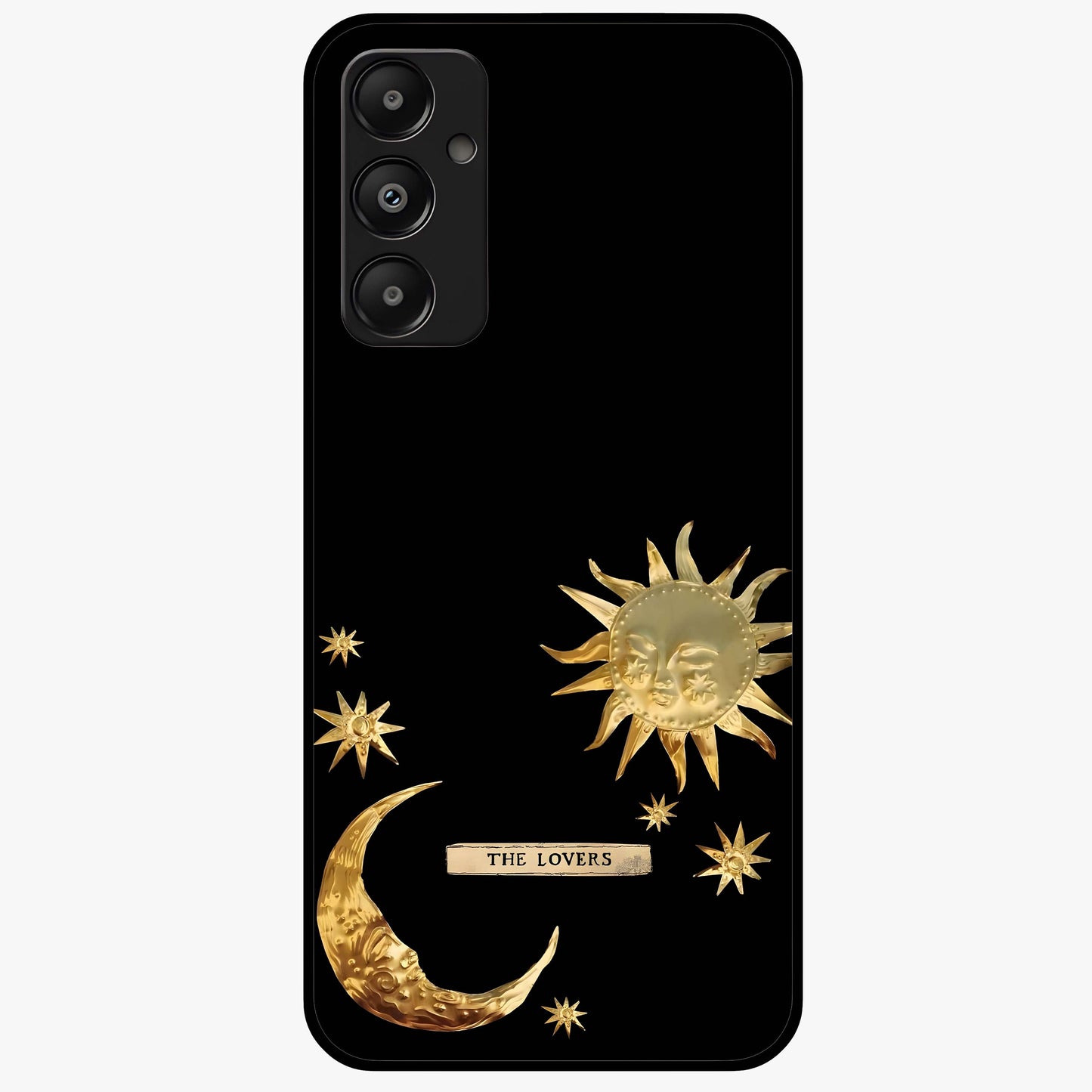 Golden Celestial Charm Glass Case showing flat back view with golden celestial charm artwork and glossy glass finish.