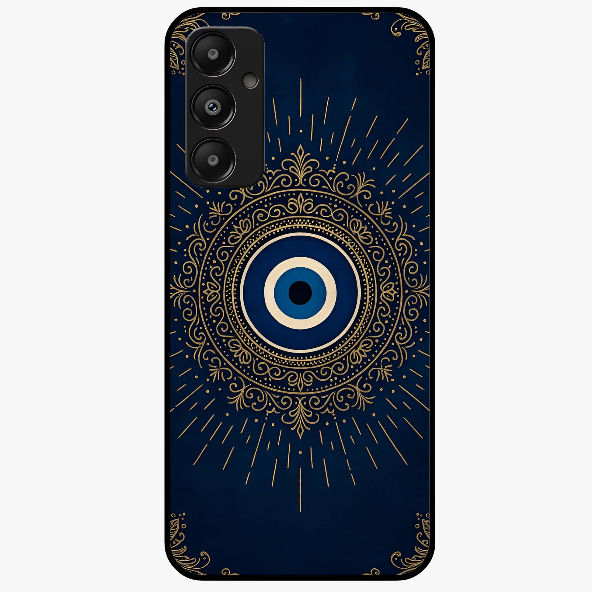 Golden Evil Eye Mandala Glass Case showing flat back view with intricate evil eye mandala artwork and glossy glass finish.