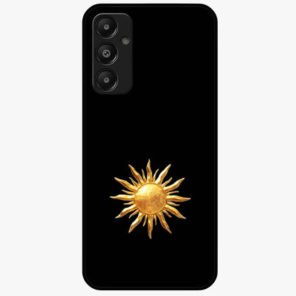 Golden Sun Minimalism Glass Case showing flat back view with minimal golden sun artwork and glossy glass finish.