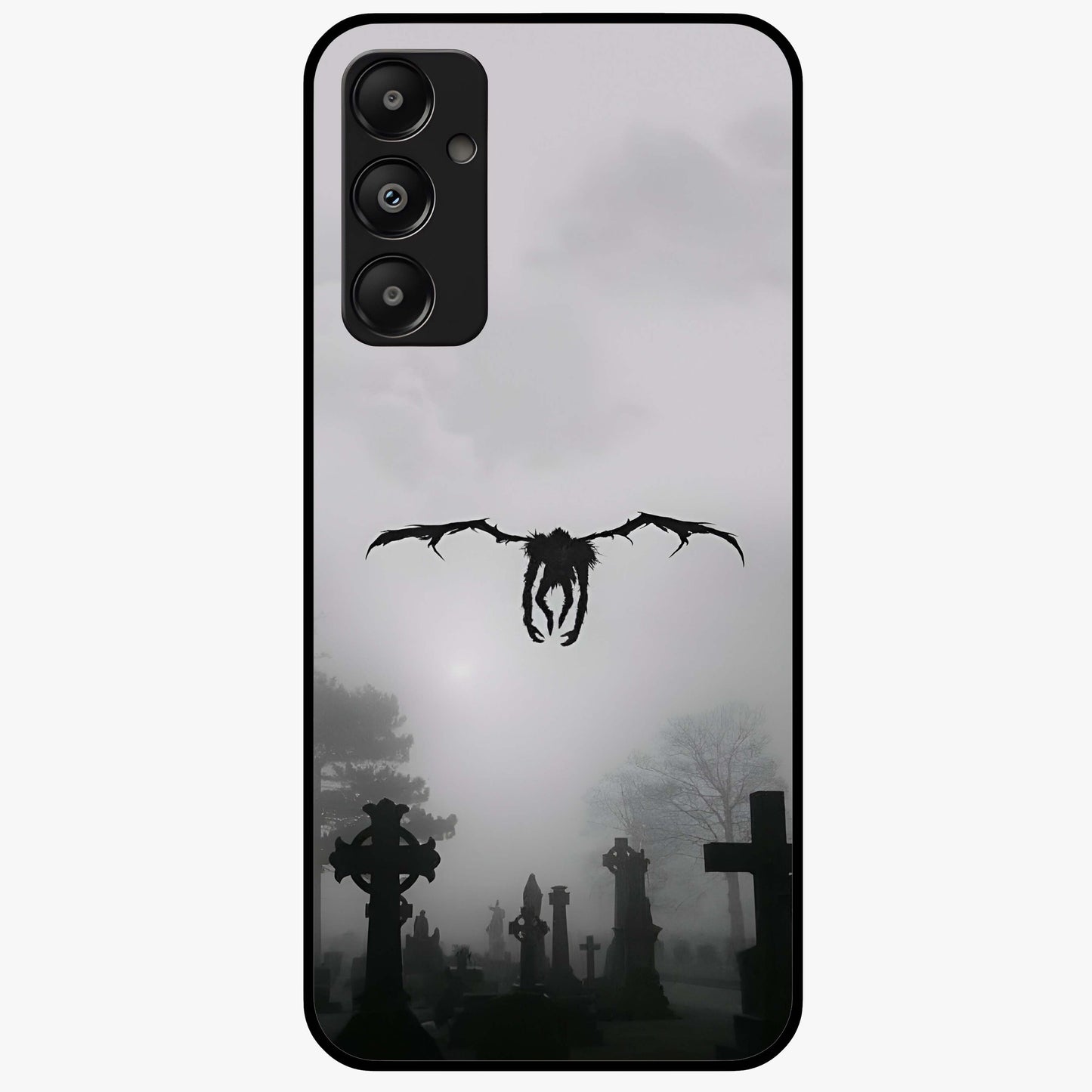 Graveyard Shadow Descent Glass Case showing flat back view with dark graveyard themed artwork and glossy glass finish.
