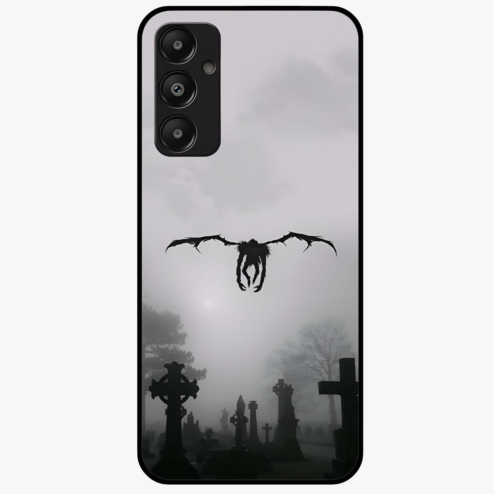 Graveyard Shadow Descent Glass Case showing flat back view with dark graveyard themed artwork and glossy glass finish.