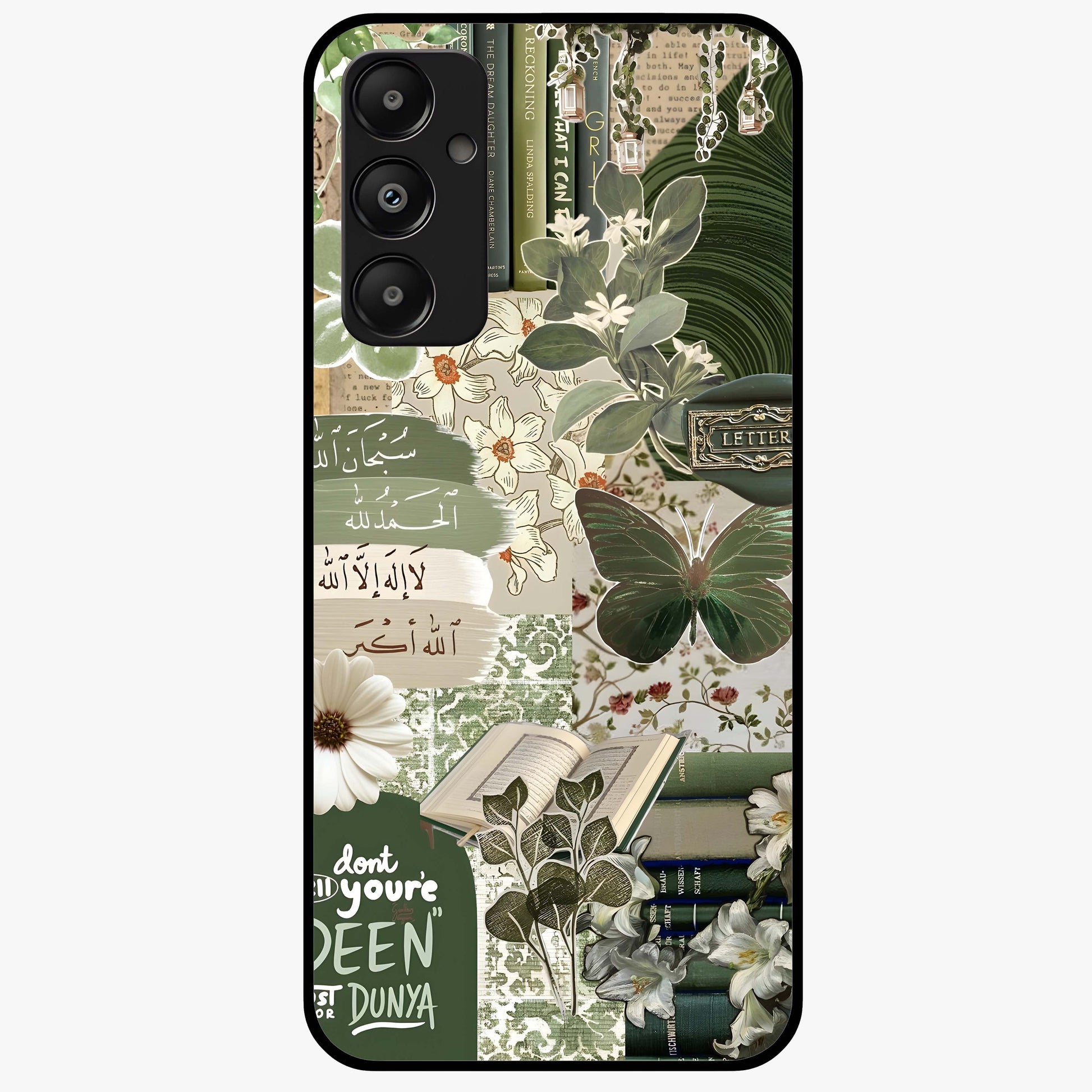 Green Islamic Books Quotes Glass Case showing flat back view with Islamic quotes and book themed artwork and glossy glass finish.