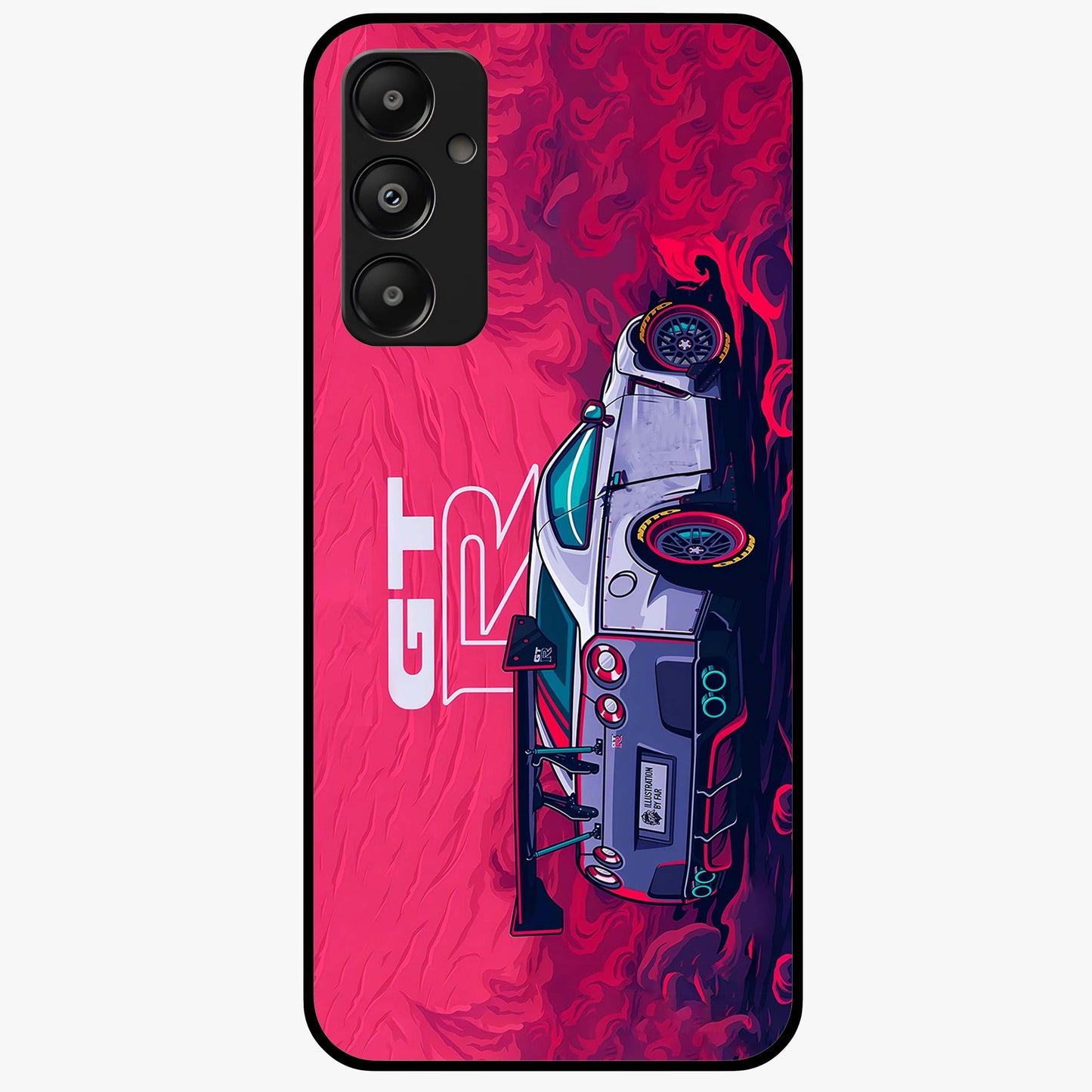 GT-R Car Pattern Glass Case showing flat back view with sporty car inspired pattern artwork and glossy glass finish.