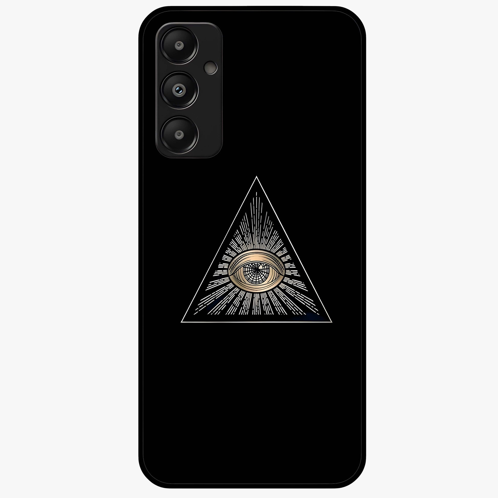 Illuminati Evil Glass Case showing flat back view with mysterious illuminati symbol artwork and glossy glass finish.