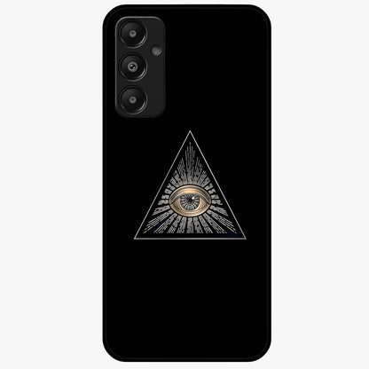 Illuminati Evil Glass Case showing flat back view with mysterious illuminati symbol artwork and glossy glass finish.