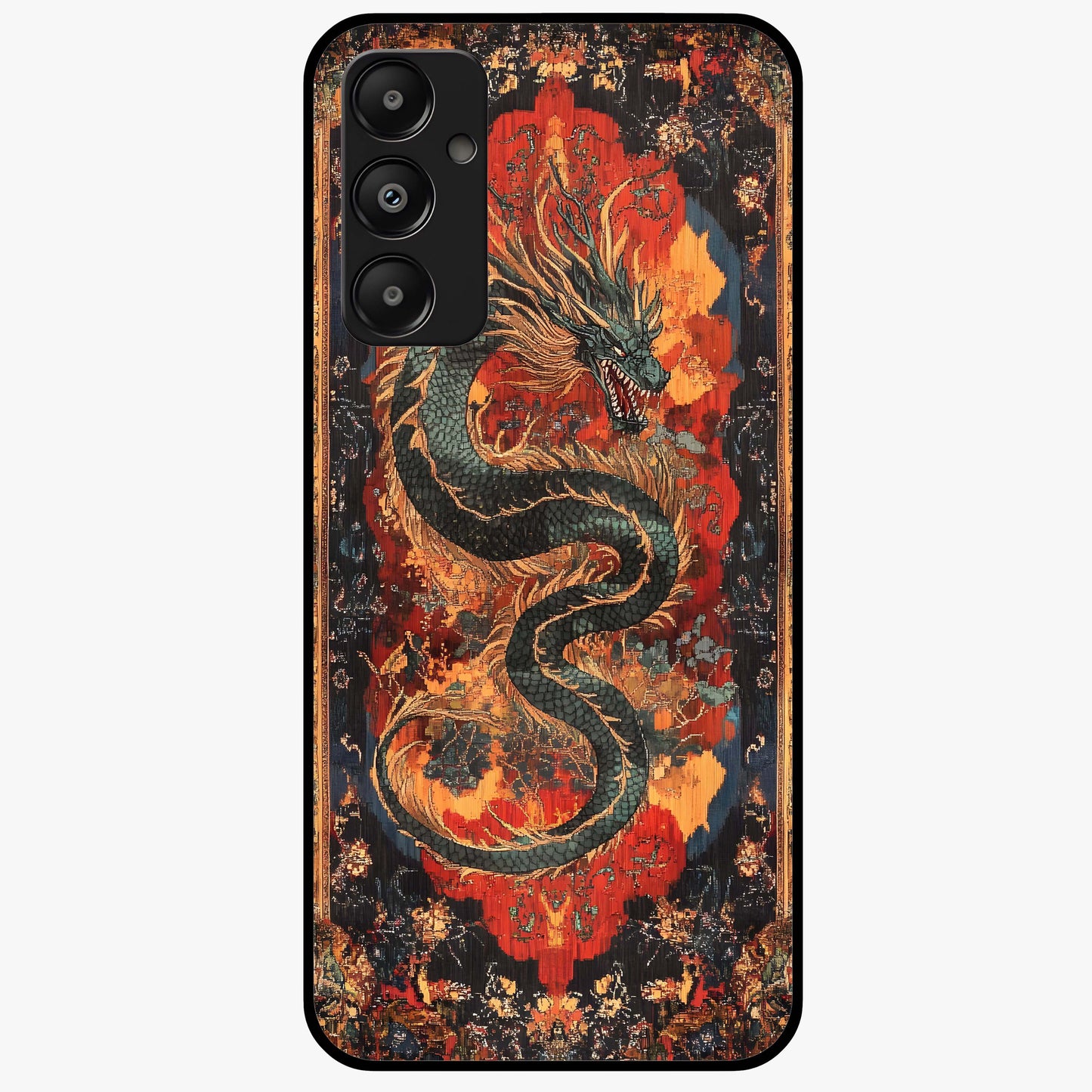 Inferno Dragon Soul Glass Case showing flat back view with fiery dragon artwork and glossy glass finish.
