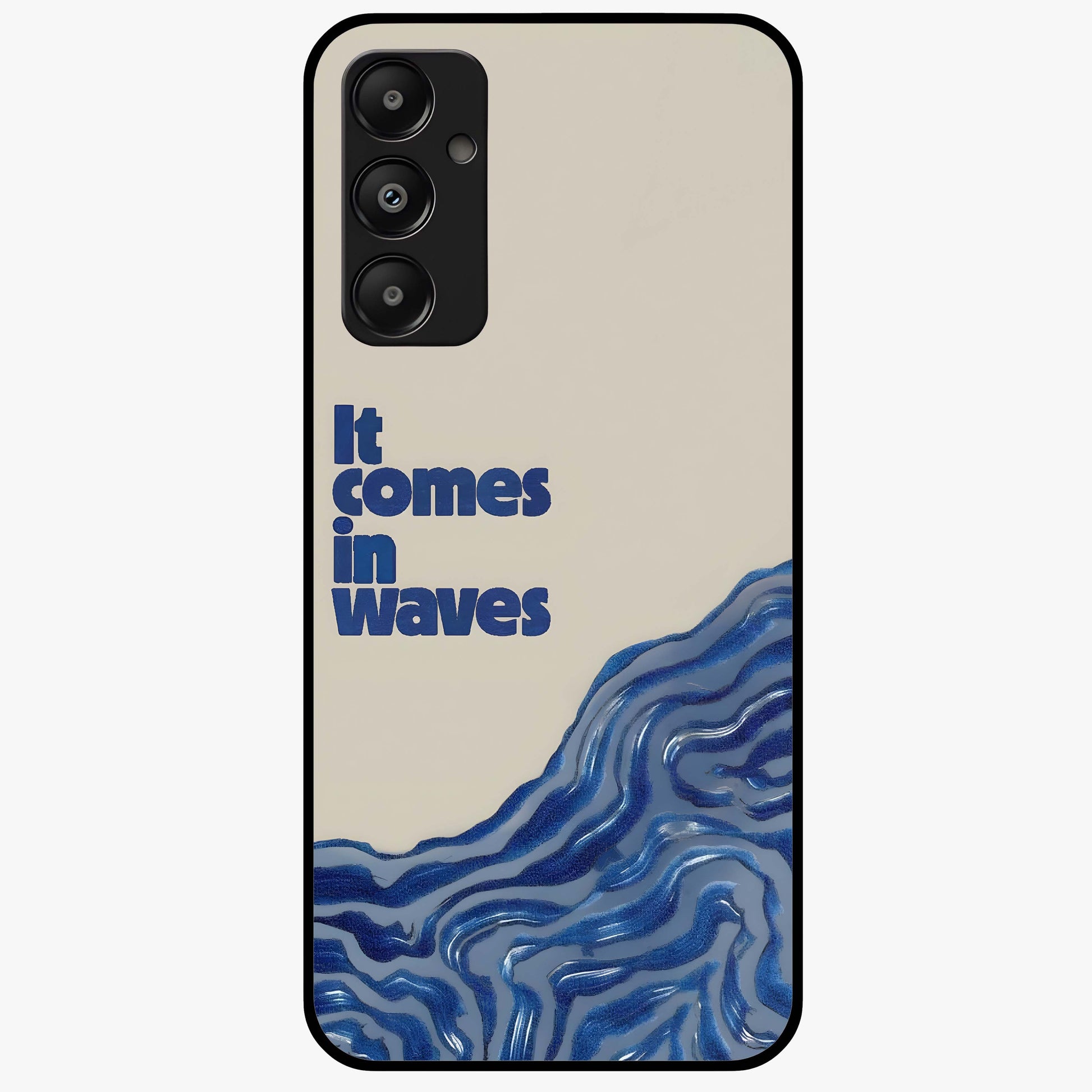 It Comes In Waves Quote Glass Case showing flat back view with inspirational wave themed quote artwork and glossy glass finish.