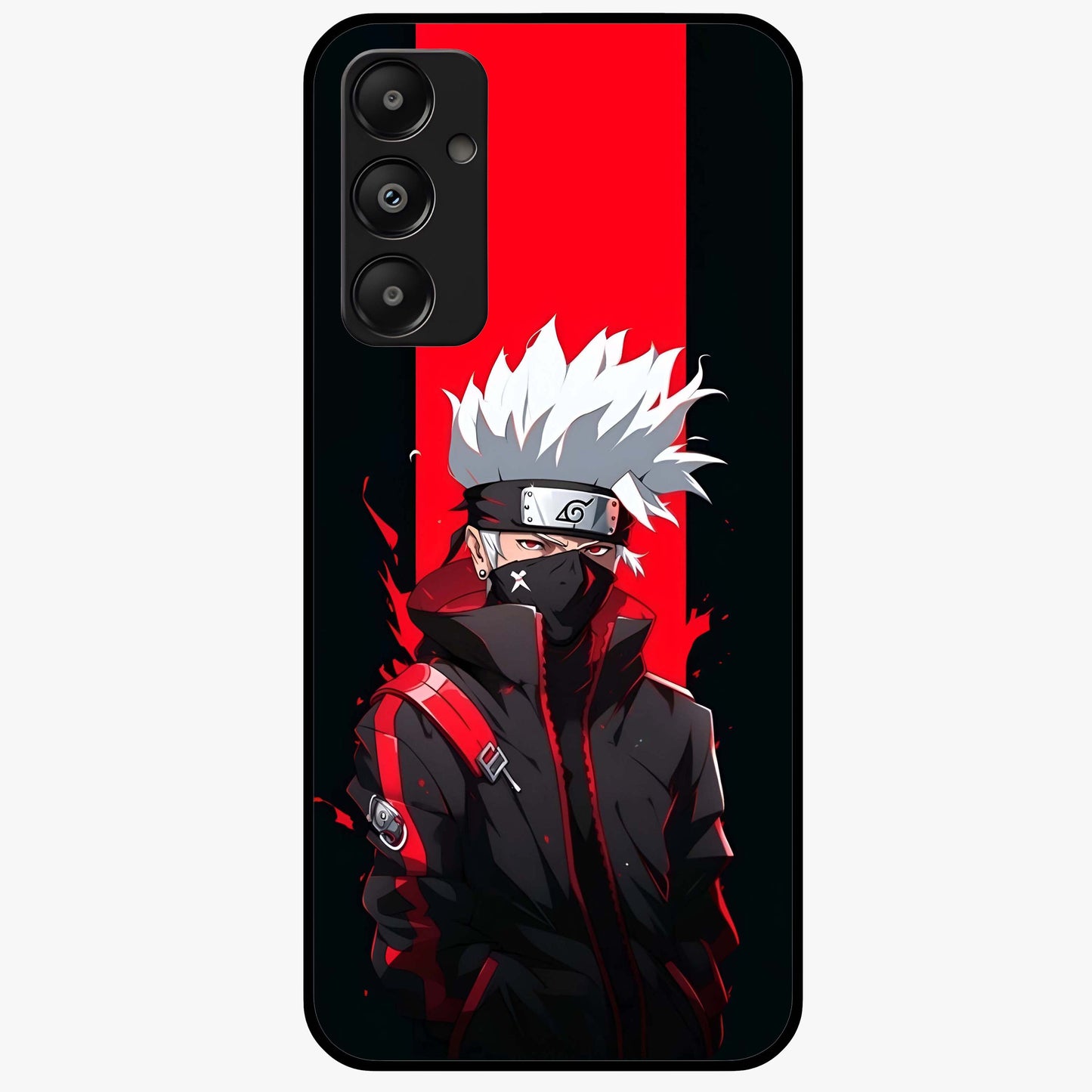 Kakashi Scarlet Shadow Glass Case showing flat back view with powerful anime ninja artwork and glossy glass finish.