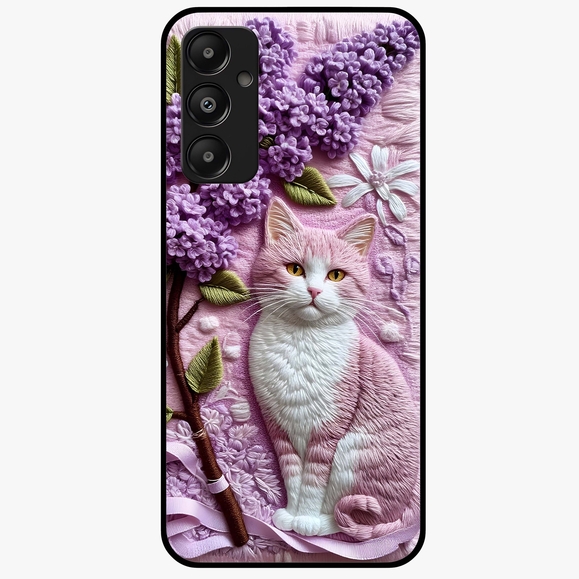 Lavender Cat Whimsy Glass Case showing flat back view with cute lavender cat artwork and glossy glass finish.