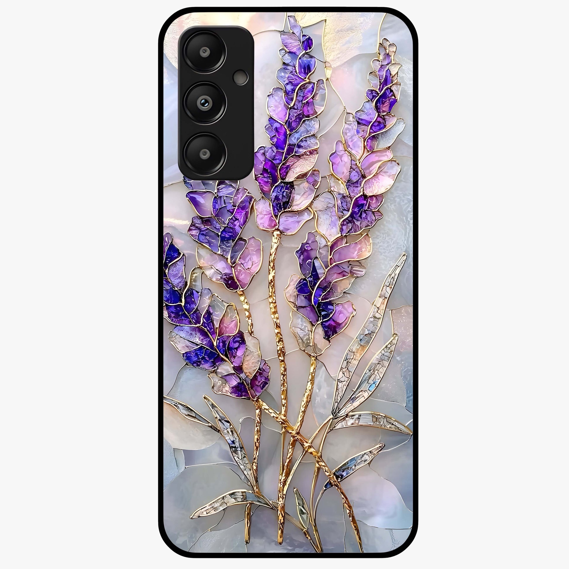 Lavender Dream Glow Glass Case showing flat back view with glowing lavender aesthetic artwork and glossy glass finish.