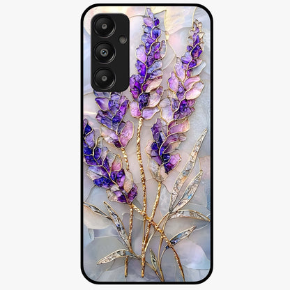 Lavender Dream Glow Glass Case showing flat back view with glowing lavender aesthetic artwork and glossy glass finish.