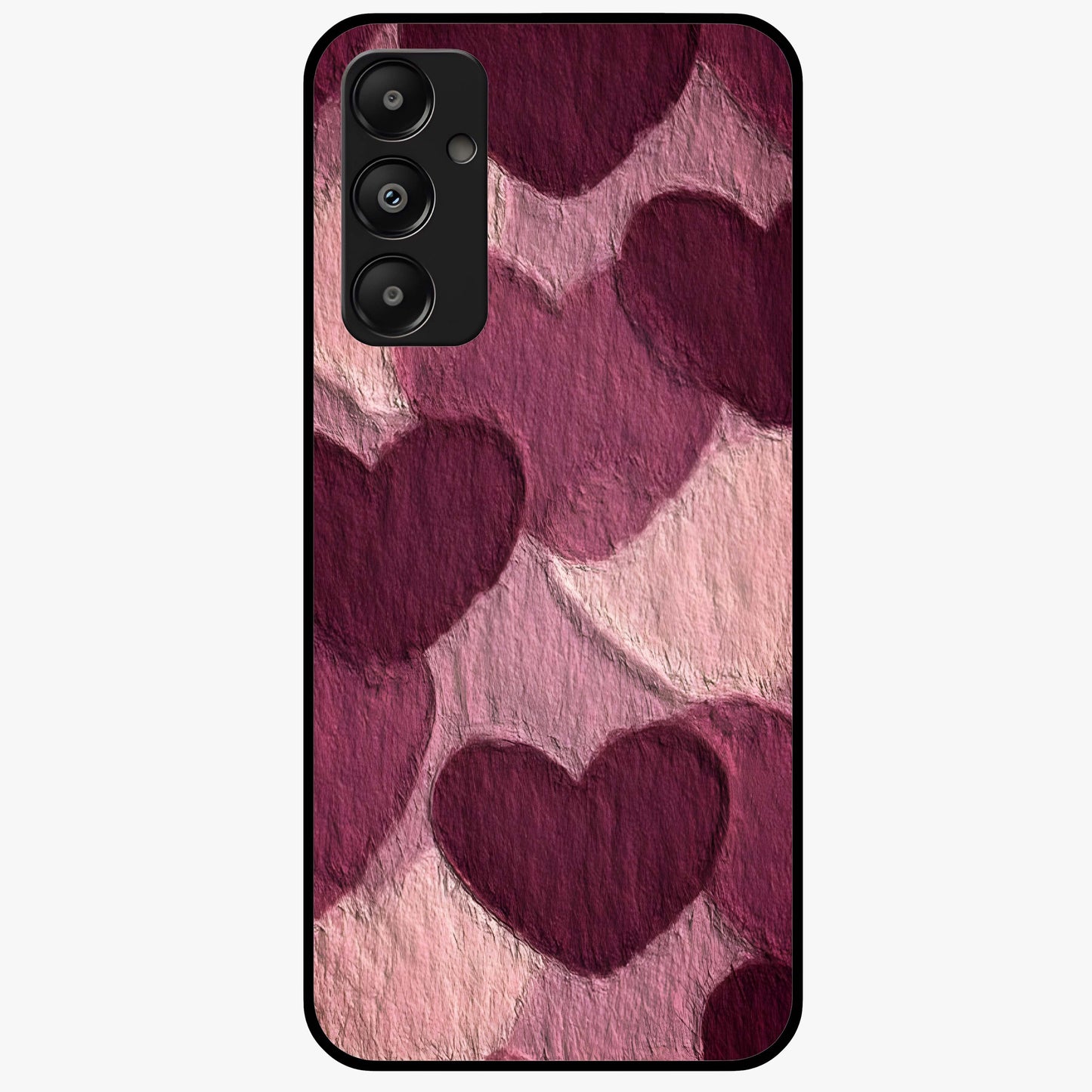 Layered Paper Hearts Glass Case showing flat back view with layered paper heart artwork and glossy glass finish.