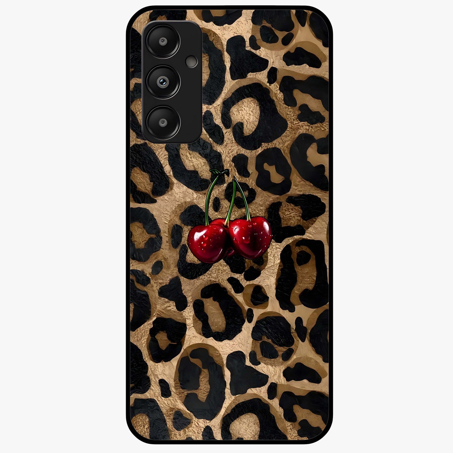 Leopard Wild Cherry Glass Case showing flat back view with leopard pattern and cherry artwork and glossy glass finish.