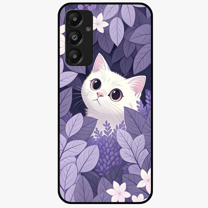 Lilac Hide Peek Cat Glass Case showing flat back view with cute peeking cat artwork and glossy glass finish.