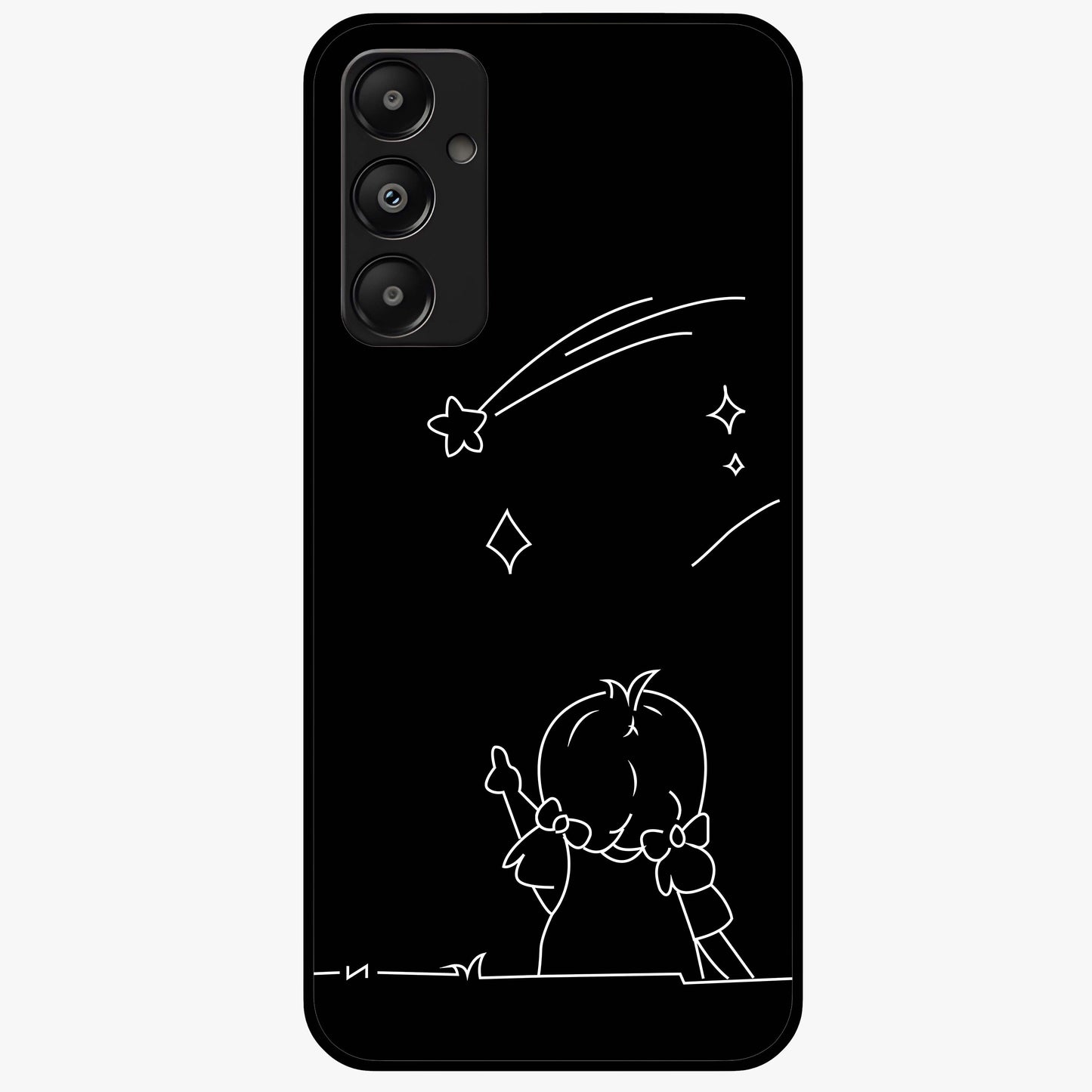 Line Art Girl With Shooting Stars Glass Case showing flat back view with minimal line art girl and shooting stars illustration and glossy glass finish.