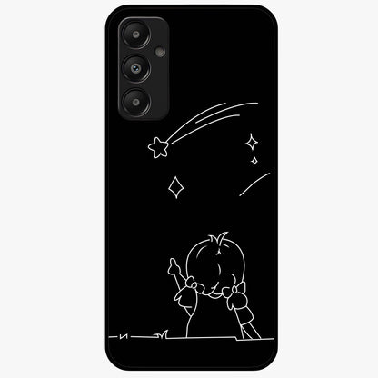 Line Art Girl With Shooting Stars Glass Case showing flat back view with minimal line art girl and shooting stars illustration and glossy glass finish.