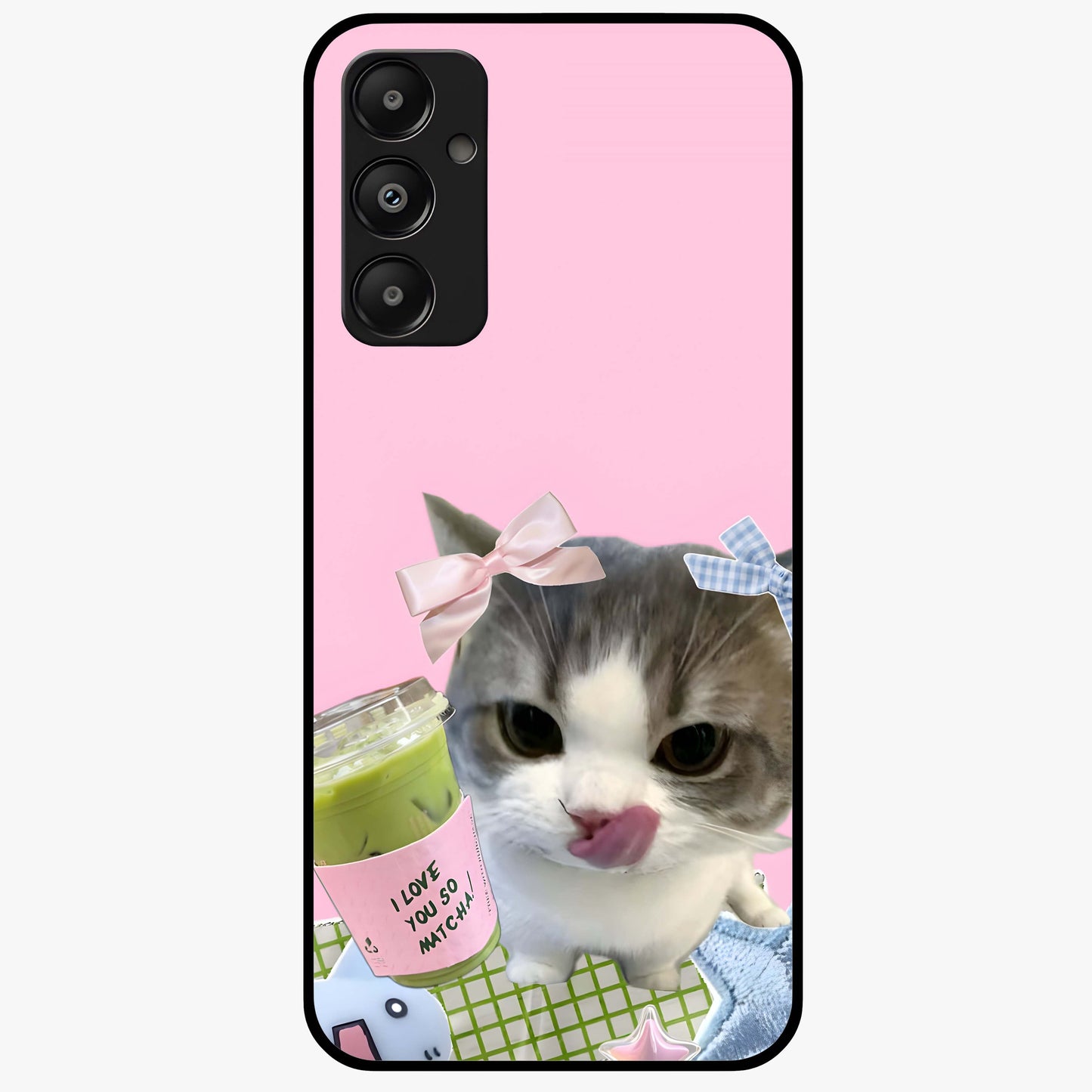 Love Matcha Cat Glass Case showing flat back view with cute cat and matcha themed artwork and glossy glass finish.