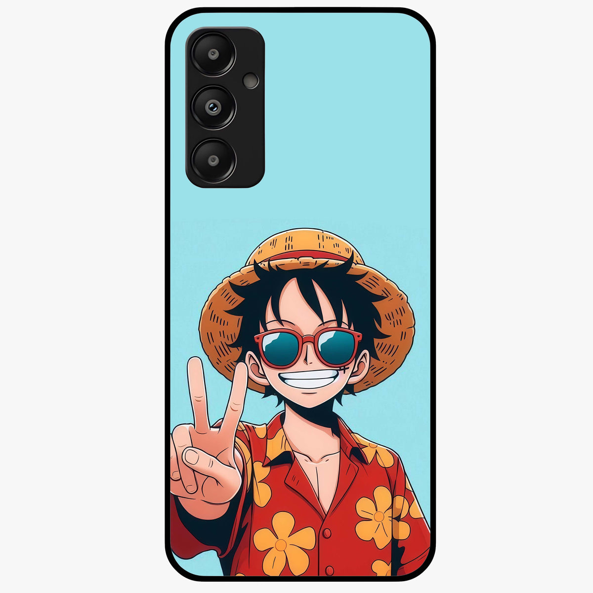 Luffy Summer Anime Vibe Glass Case showing flat back view with vibrant anime character artwork and glossy glass finish.