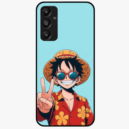 Luffy Summer Anime Vibe Glass Case showing flat back view with vibrant anime character artwork and glossy glass finish.