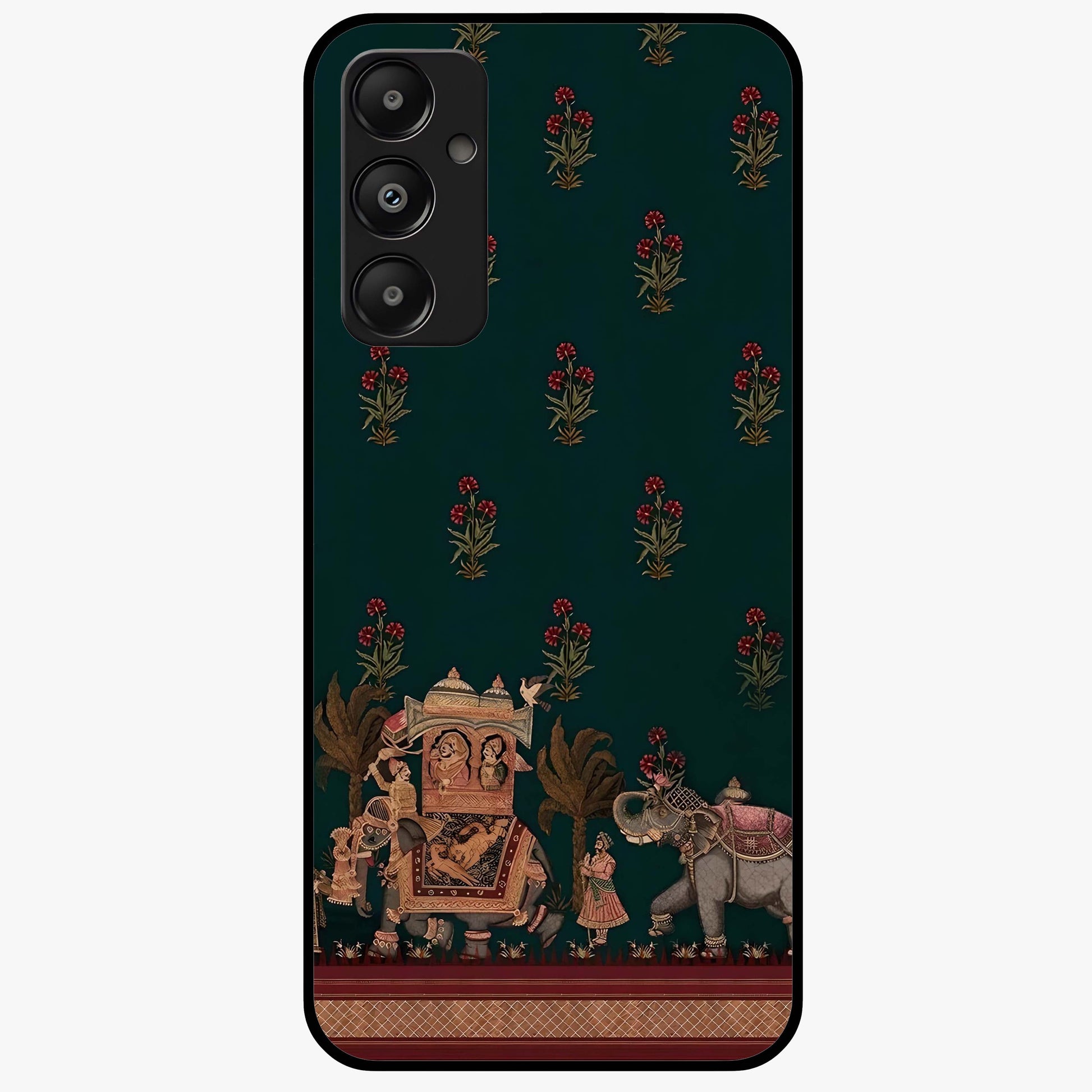Macmerise Glass Case showing flat back view with stylish modern artwork and glossy glass finish.