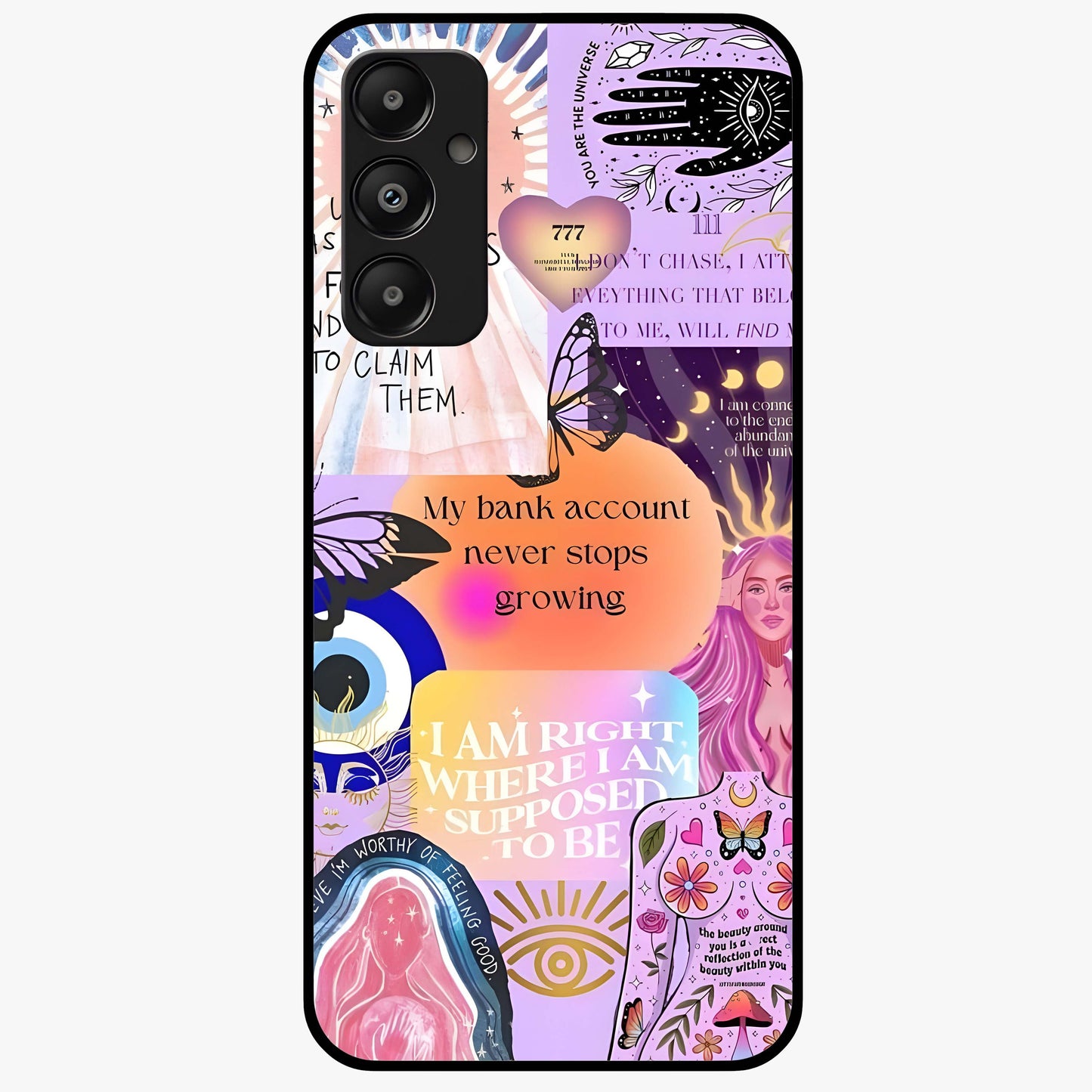 Manifestation Collage Glass Case showing flat back view with motivational collage artwork and glossy glass finish.