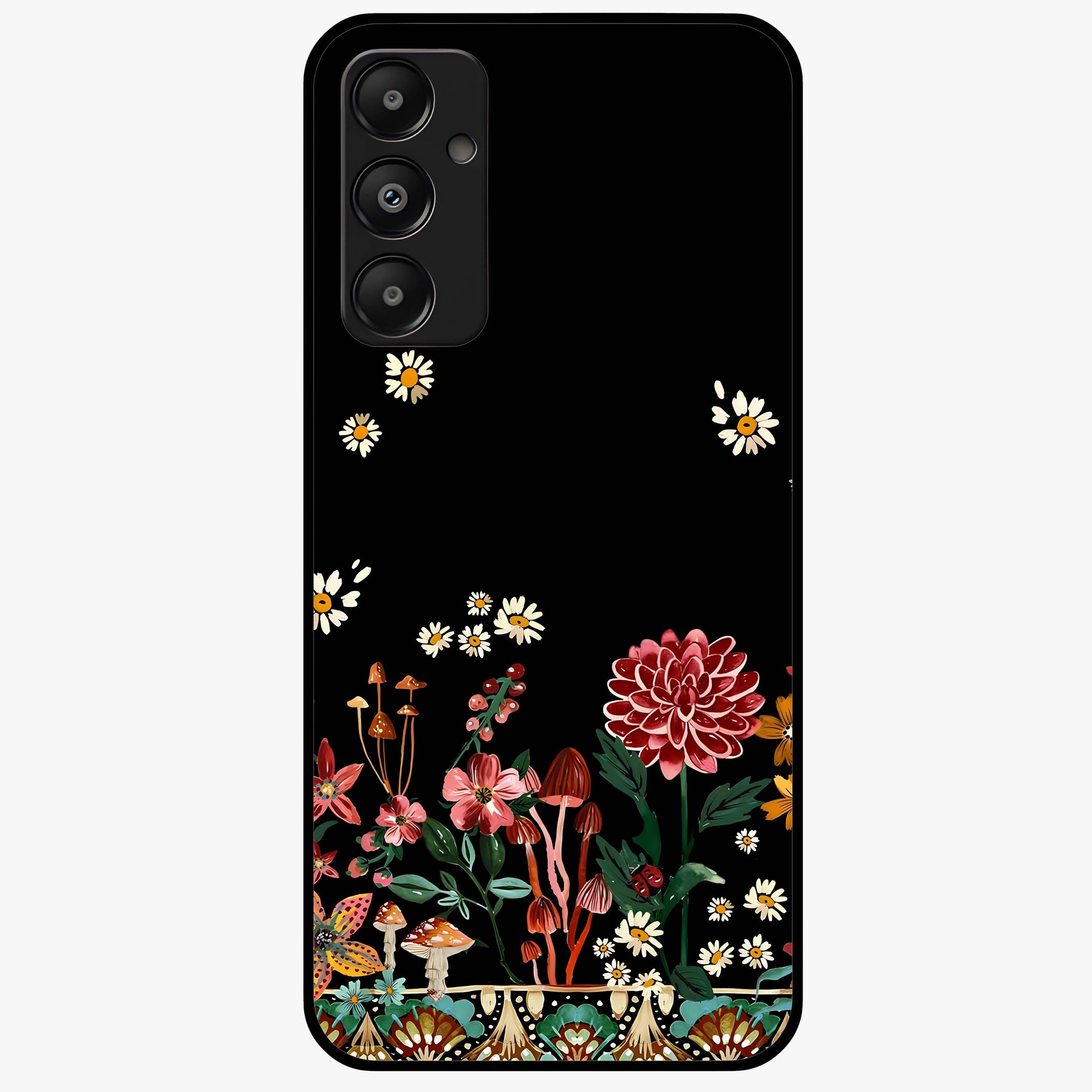Midnight Bloom Pattern Glass Case showing flat back view with dark floral pattern artwork and glossy glass finish.