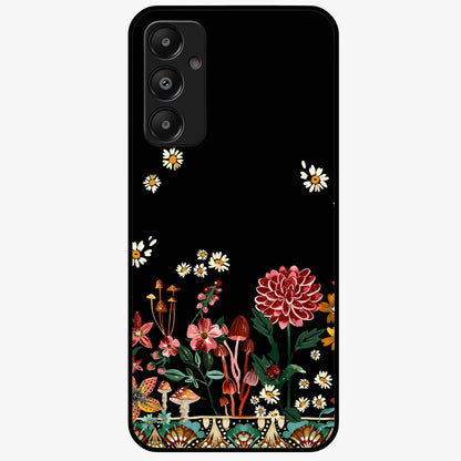 Midnight Bloom Pattern Glass Case showing flat back view with dark floral pattern artwork and glossy glass finish.