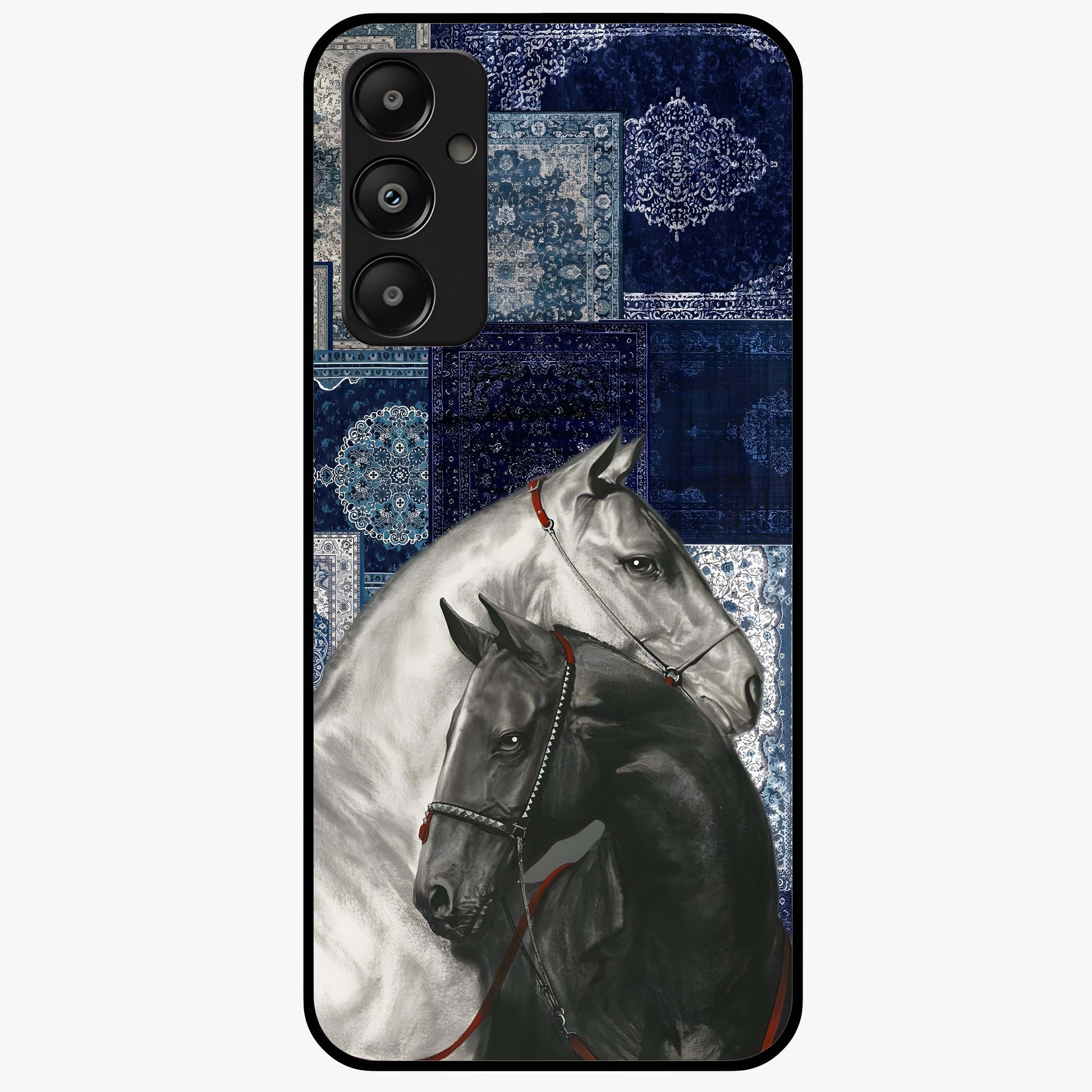 Midnight Stallion Blues Glass Case showing flat back view with majestic horse artwork and glossy glass finish.