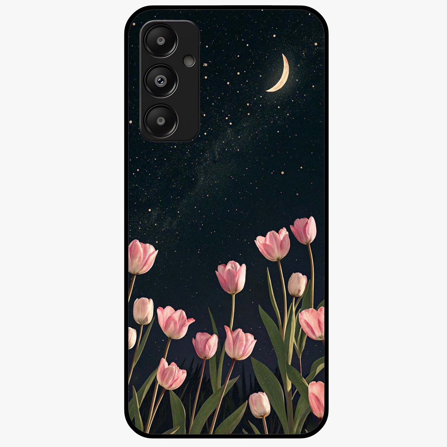 Midnight Tulip Whispers Vibe Glass Case showing flat back view with elegant tulip flower artwork and glossy glass finish.
