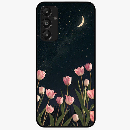 Midnight Tulip Whispers Vibe Glass Case showing flat back view with elegant tulip flower artwork and glossy glass finish.