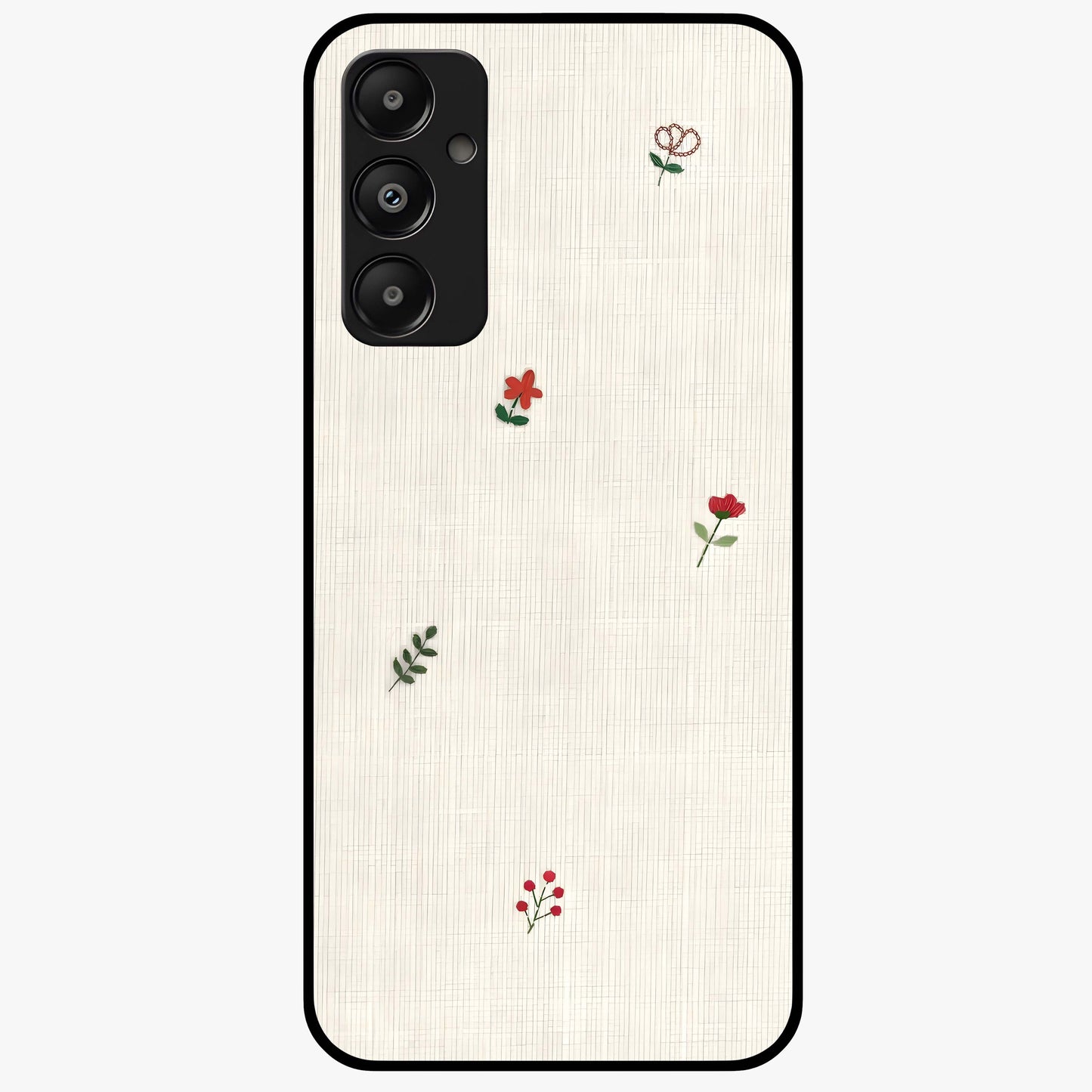 Minimal Petal Whispers Glass Case showing flat back view with soft minimal floral artwork and glossy glass finish.