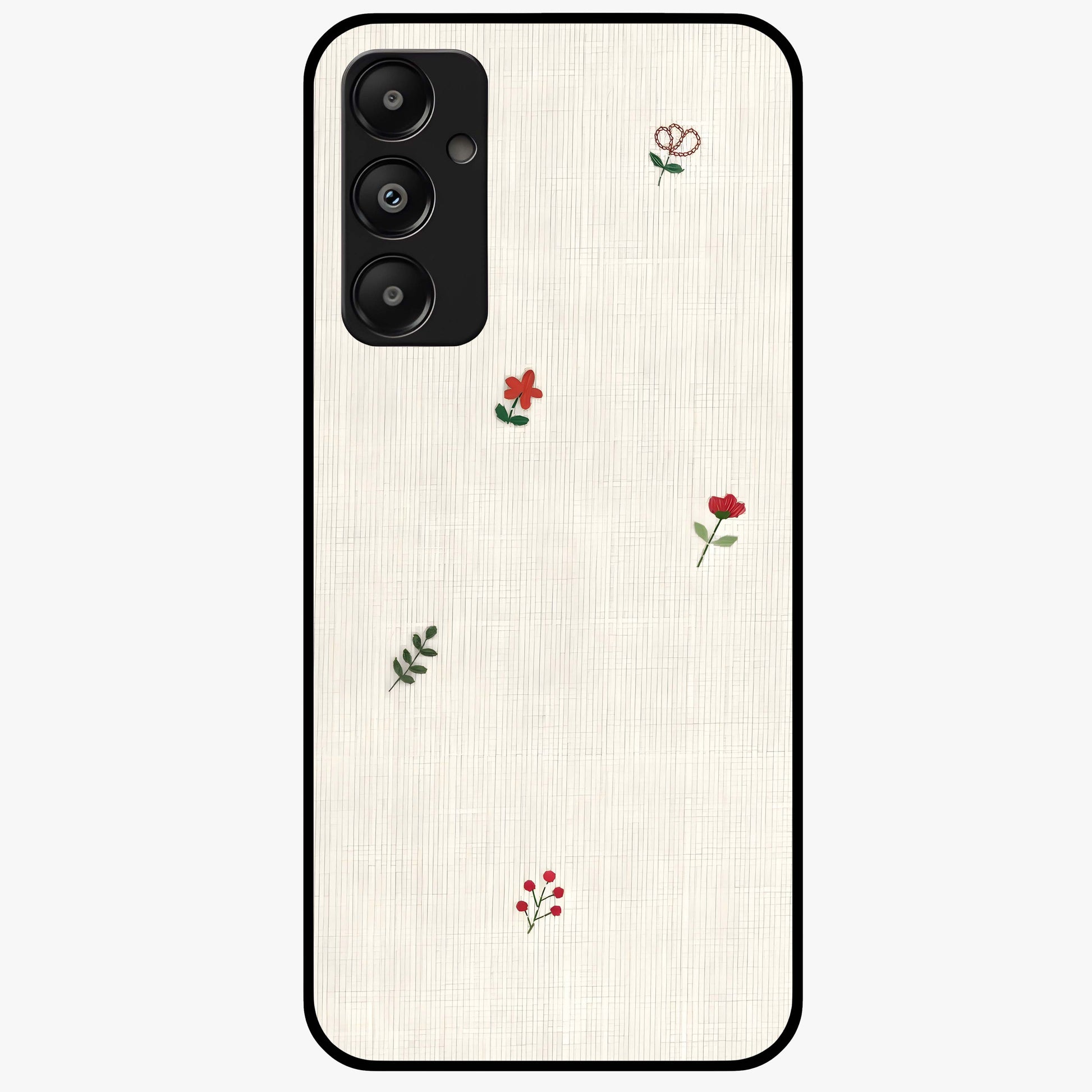 Minimal Petal Whispers Glass Case showing flat back view with soft minimal floral artwork and glossy glass finish.